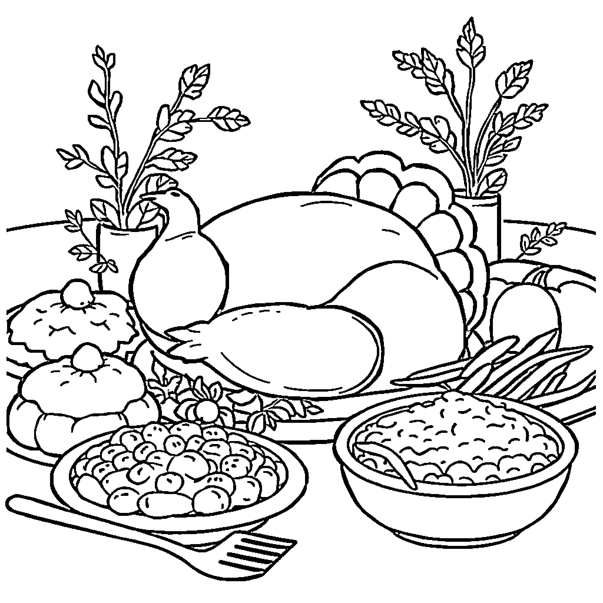 Thanksgiving Meal with Abundance of Traditional Dishes Coloring Page (free black-and-white line drawing printable PDF for all, from beginners to advanced learners, including children, teens, adults, and seniors)