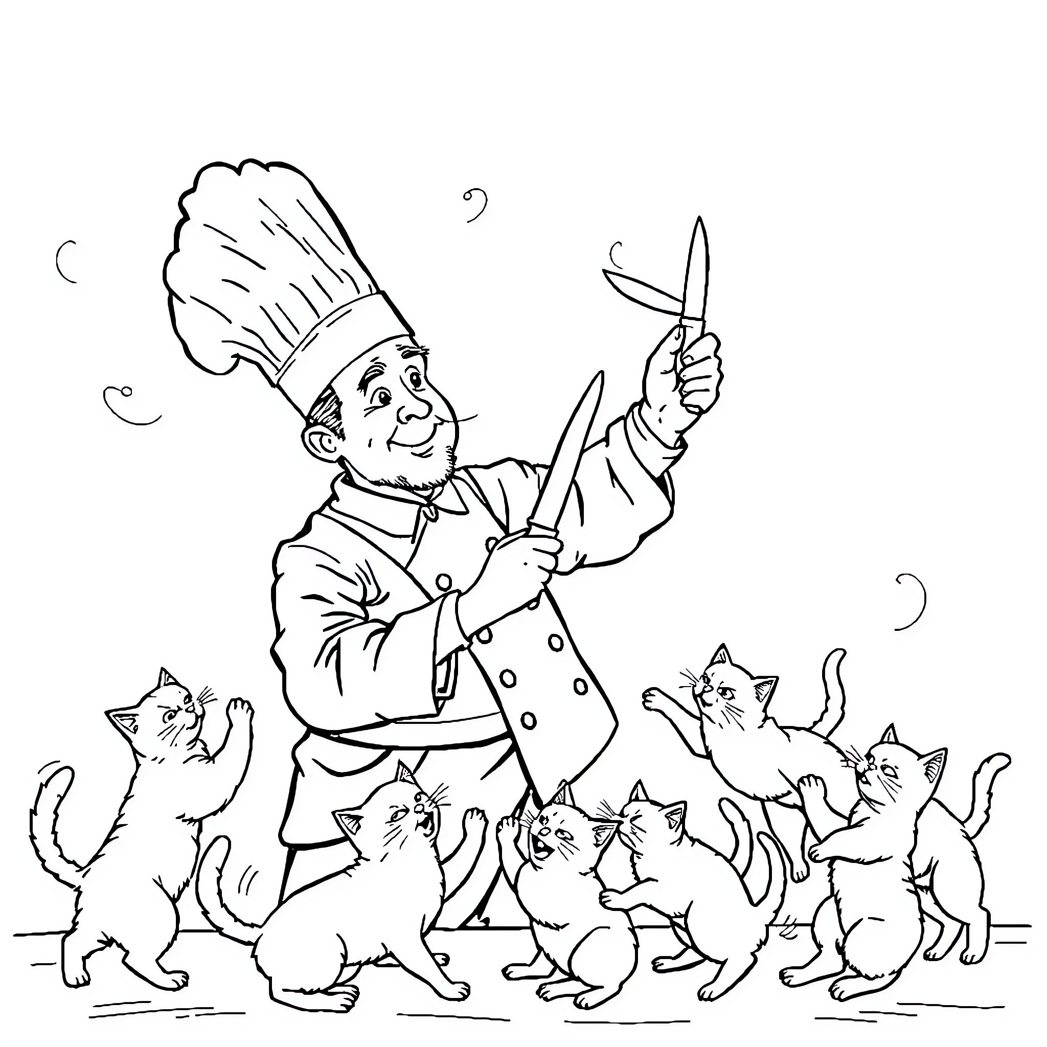 Chef prepares a meal with playful kittens Coloring Page (free black-and-white line drawing printable PDF for all, from beginners to advanced learners, including children, teens, adults, and seniors)