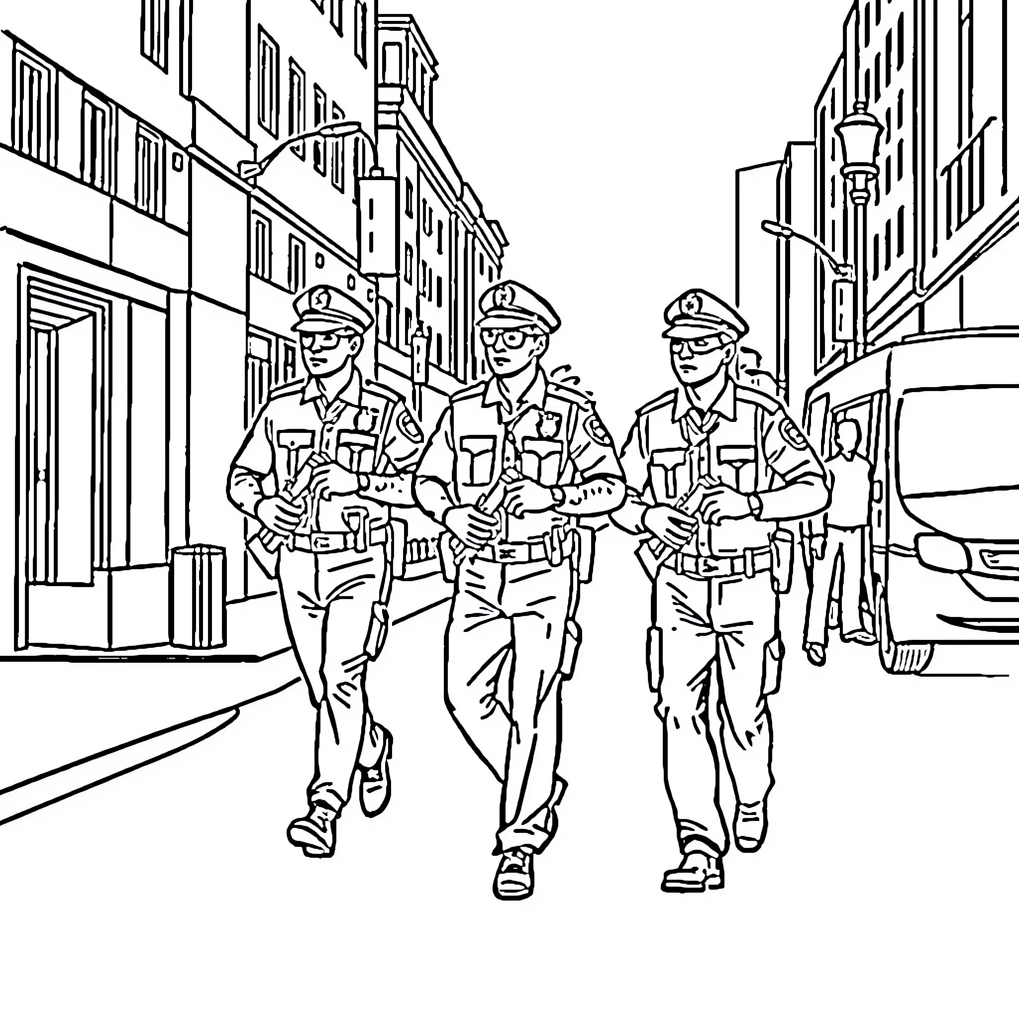 Police officers on patrol in the city Coloring Page (free black-and-white line drawing printable PDF for all, from beginners to advanced learners, including children, teens, adults, and seniors)