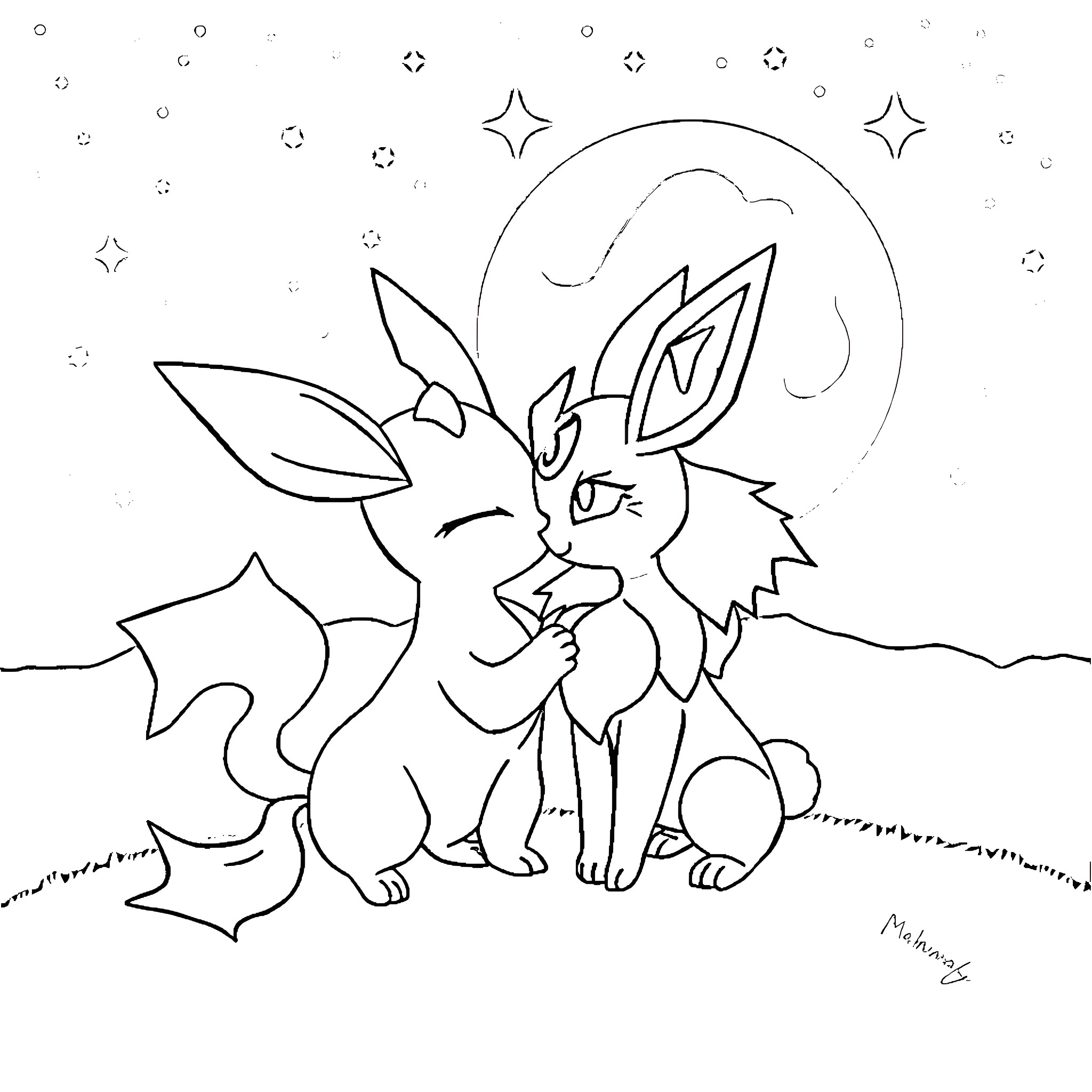 Umbreon sharing a serene moment under the night sky Coloring Page (free black-and-white line drawing printable PDF for all, from beginners to advanced learners, including children, teens, adults, and seniors)