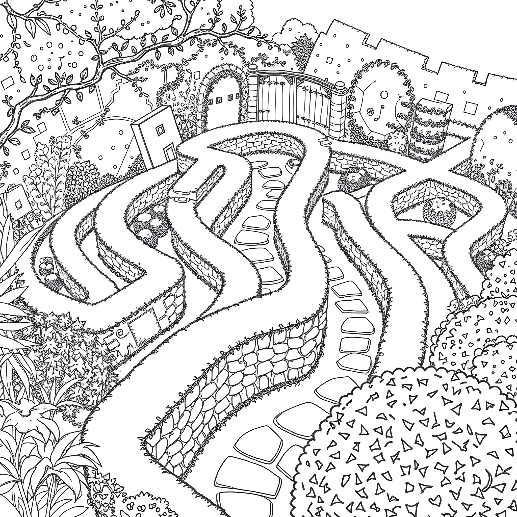 Maze through a whimsical garden landscape Coloring Page (free black-and-white line drawing printable PDF for all, from beginners to advanced learners, including children, teens, adults, and seniors)