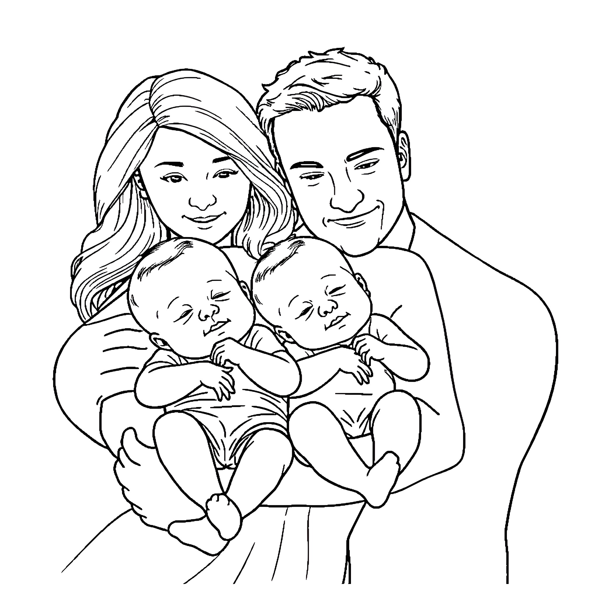 Boy and Girl Embrace Their Newborn Children Coloring Page (free black-and-white line drawing printable PDF for all, from beginners to advanced learners, including children, teens, adults, and seniors)