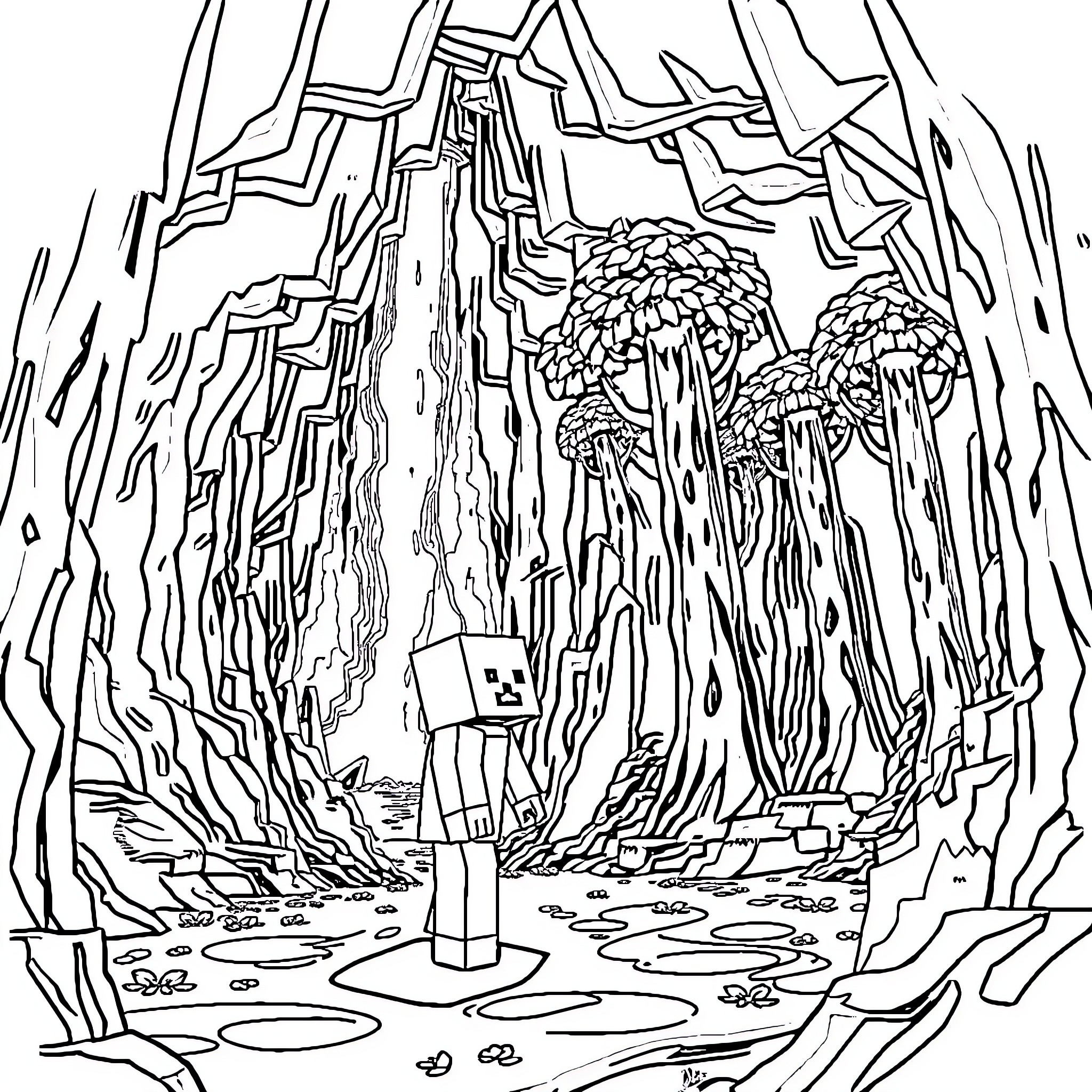 Steve explores the mysterious landscape Coloring Page (free black-and-white line drawing printable PDF for all, from beginners to advanced learners, including children, teens, adults, and seniors)