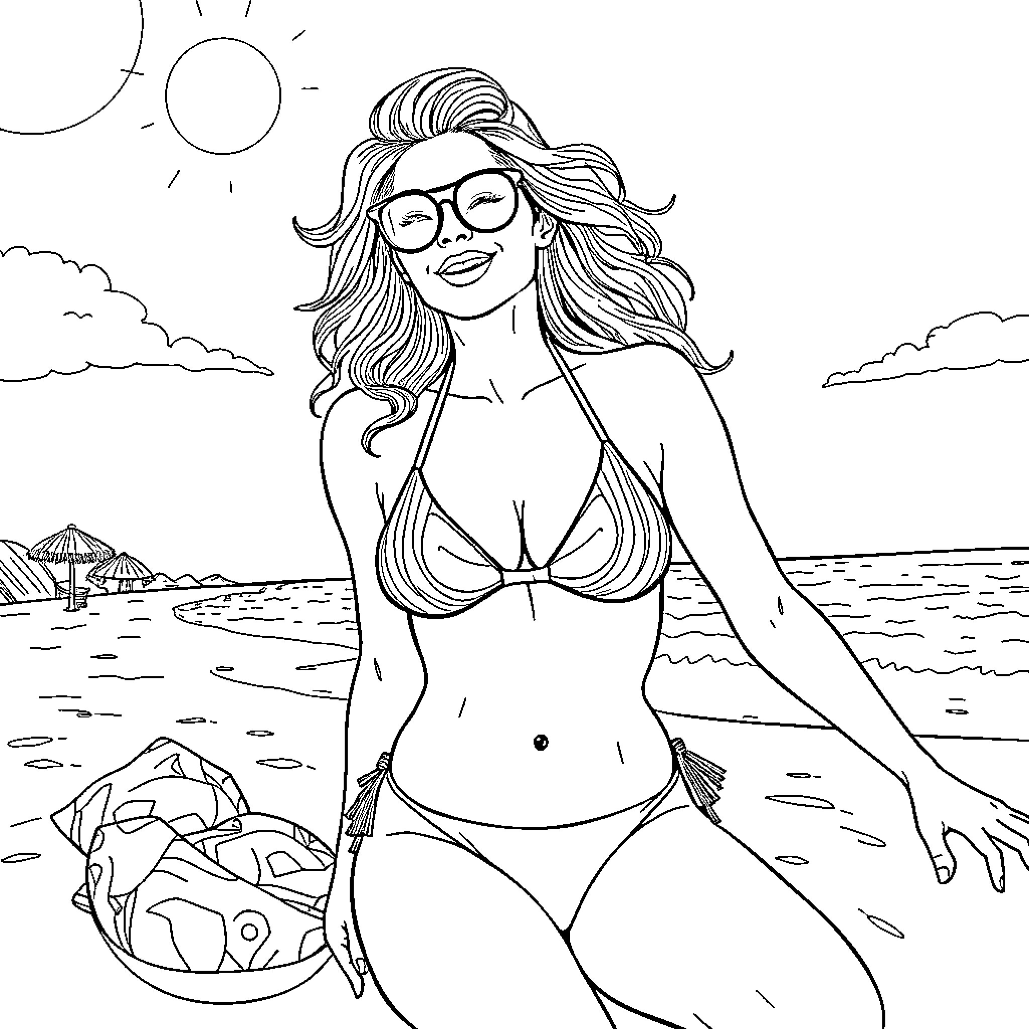 Alyson Michalka enjoying a sunny beach day Coloring Page (free black-and-white line drawing printable PDF for all, from beginners to advanced learners, including children, teens, adults, and seniors)