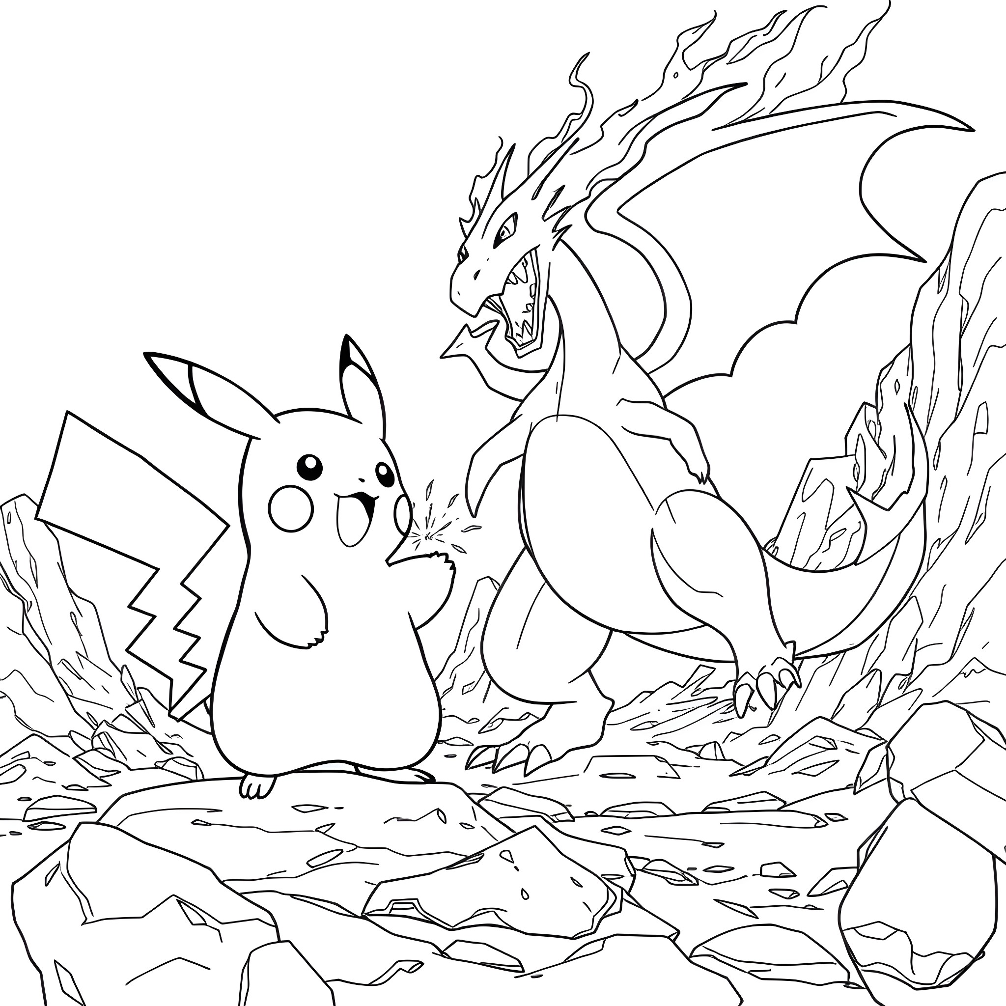Pikachu facing off against a fierce dragon Coloring Page (free black-and-white line drawing printable PDF for all, from beginners to advanced learners, including children, teens, adults, and seniors)