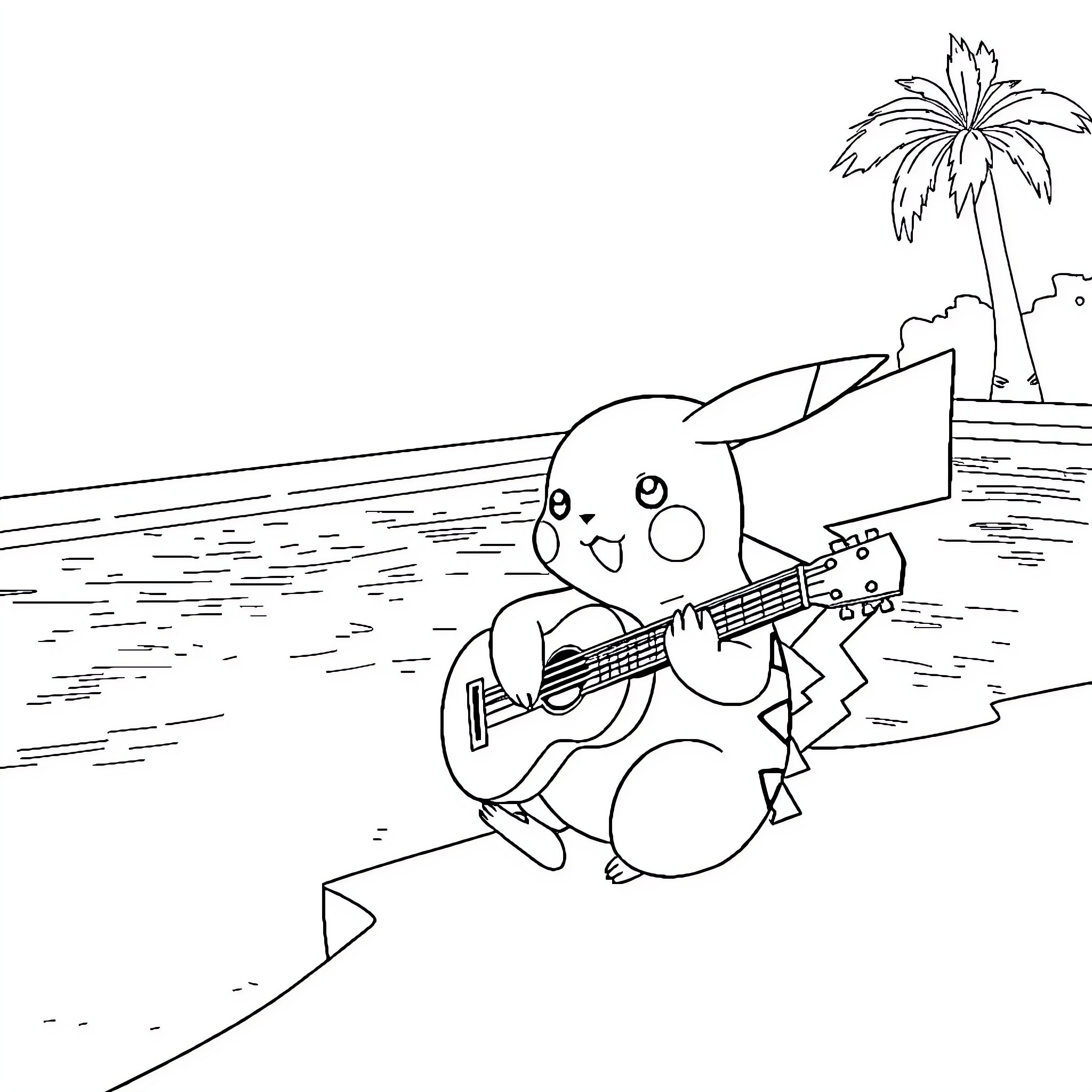 Pikachu playing guitar on the beach Coloring Page (free black-and-white line drawing printable PDF for all, from beginners to advanced learners, including children, teens, adults, and seniors)