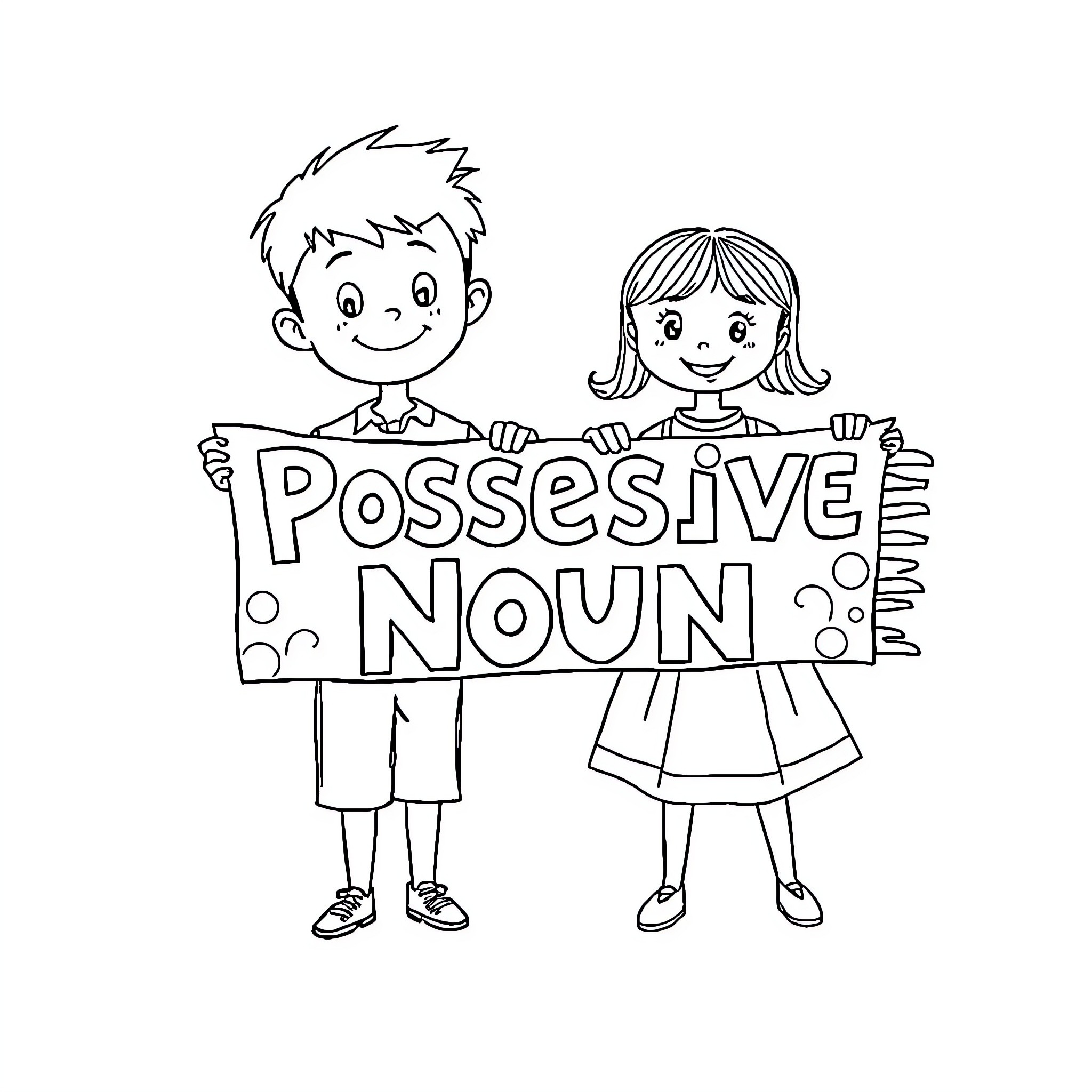 Banner of Kids Holding Possessive Noun Sign Coloring Page (free black-and-white line drawing printable PDF for all, from beginners to advanced learners, including children, teens, adults, and seniors)