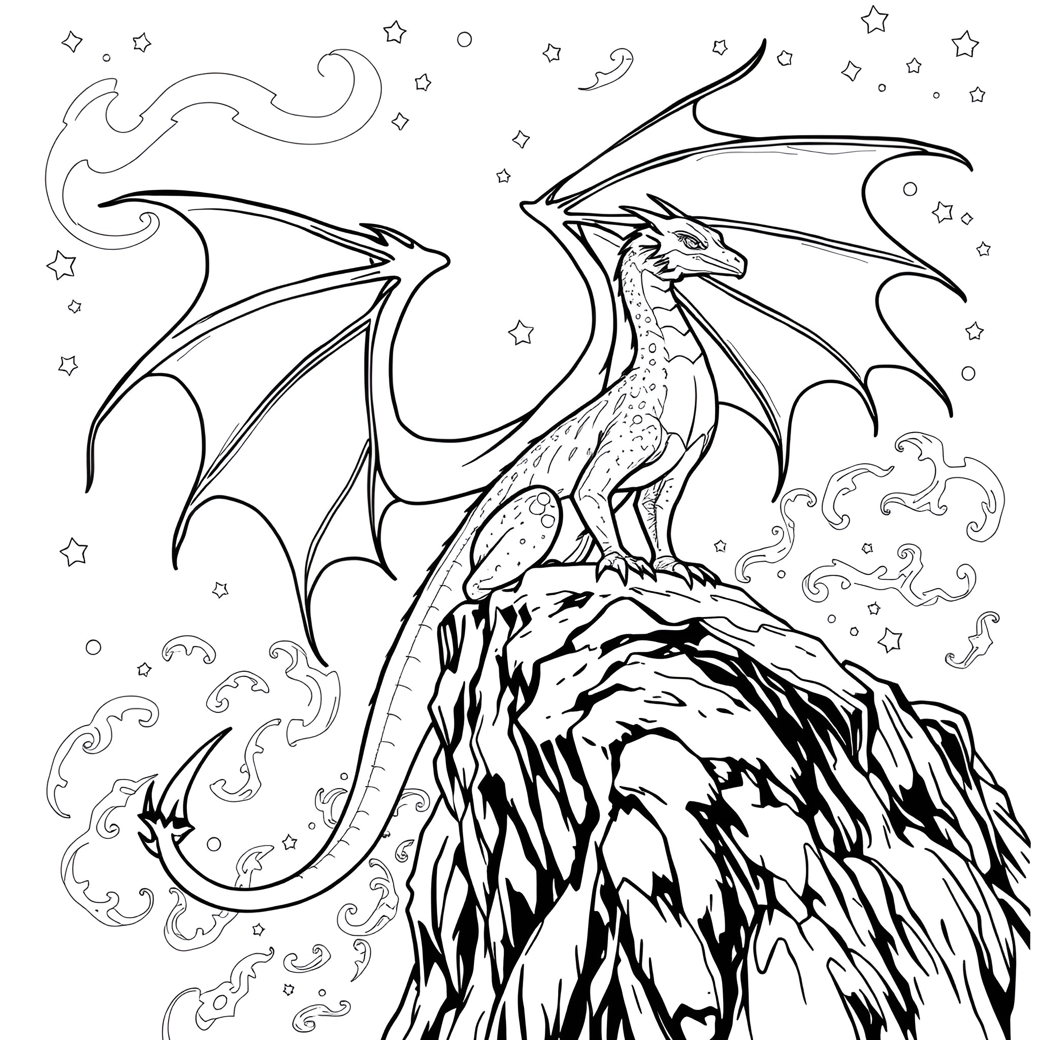 Dragon soaring across a magical night sky Coloring Page (free black-and-white line drawing printable PDF for all, from beginners to advanced learners, including children, teens, adults, and seniors)