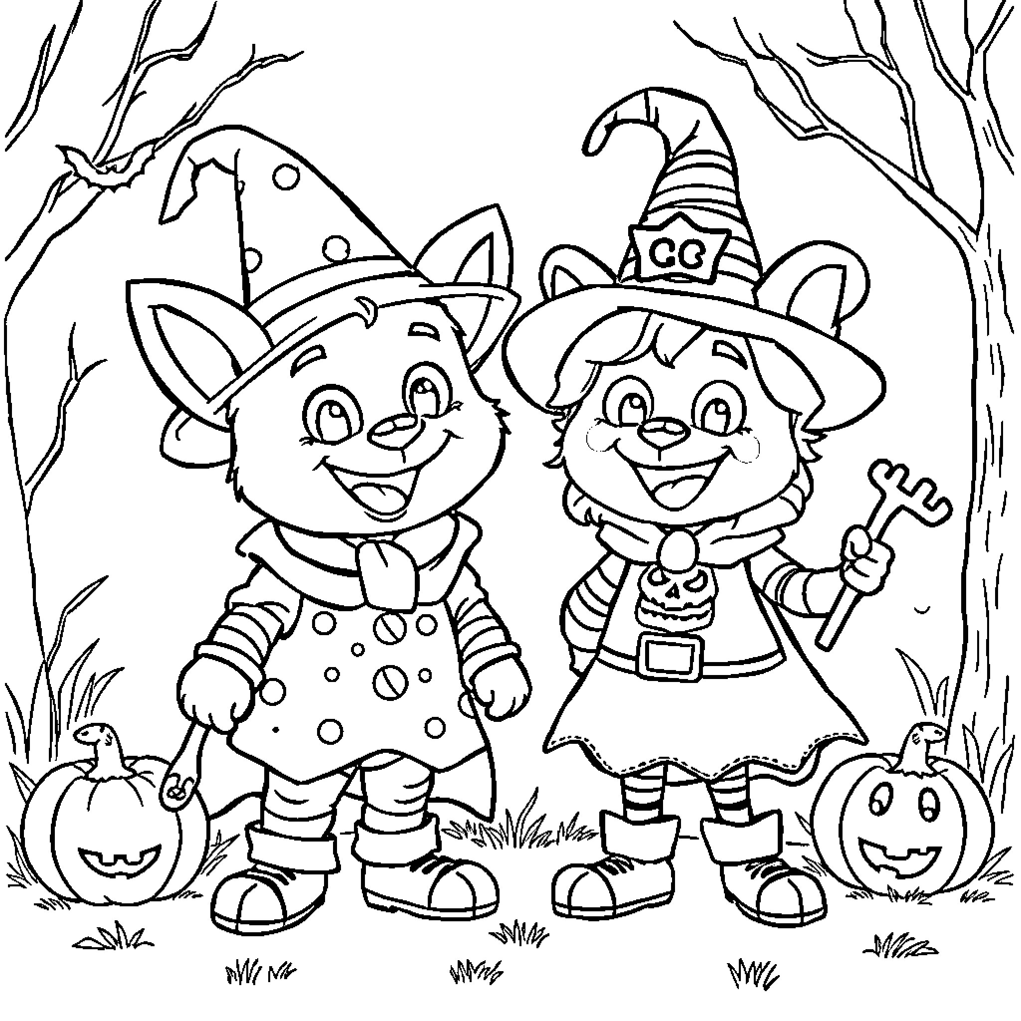 Bluey and Bingo in Halloween Costumes Coloring Page (free black-and-white line drawing printable PDF for all, from beginners to advanced learners, including children, teens, adults, and seniors)
