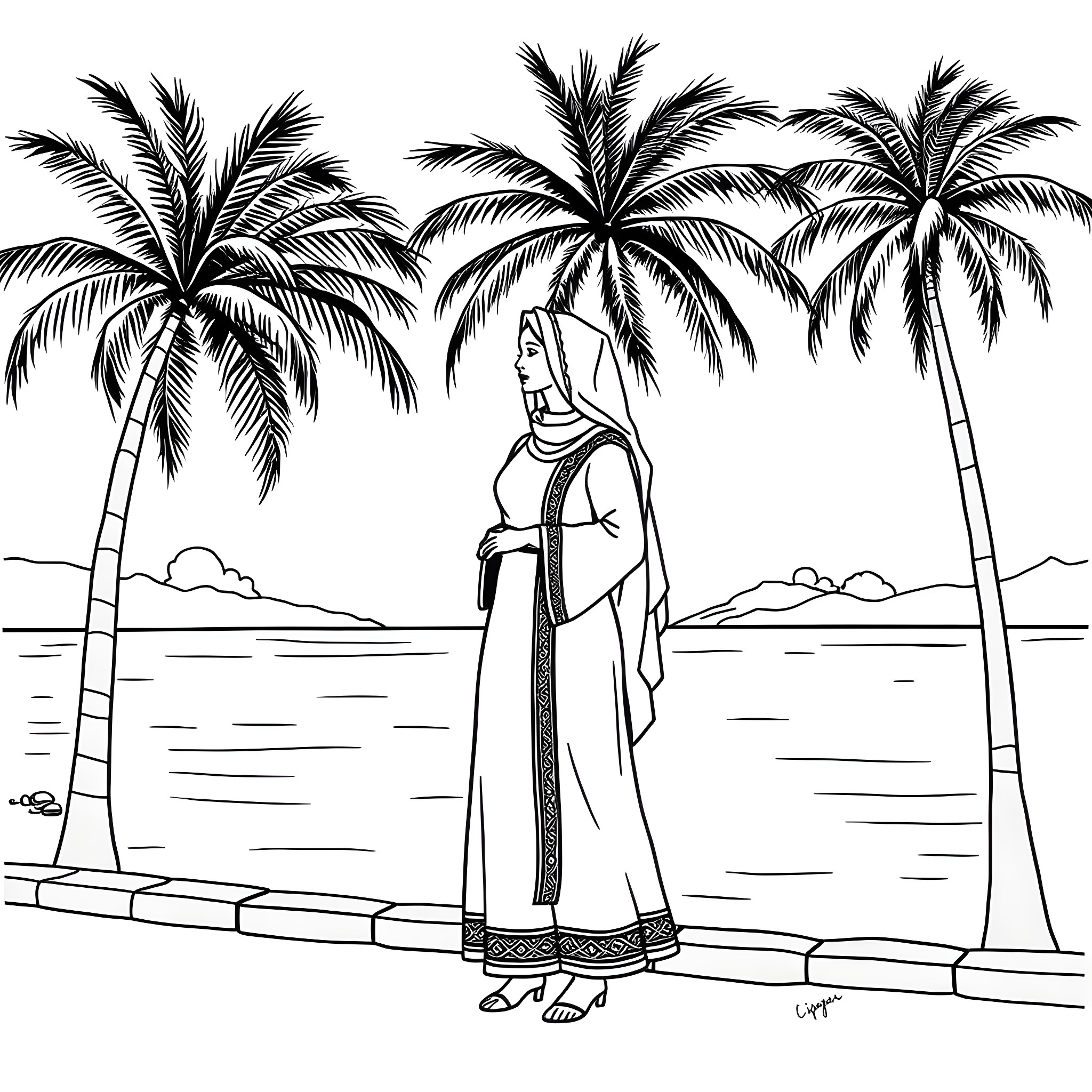 Palestinian Clothing Amidst Palm Trees by the Sea Coloring Page (free black-and-white line drawing printable PDF for all, from beginners to advanced learners, including children, teens, adults, and seniors)