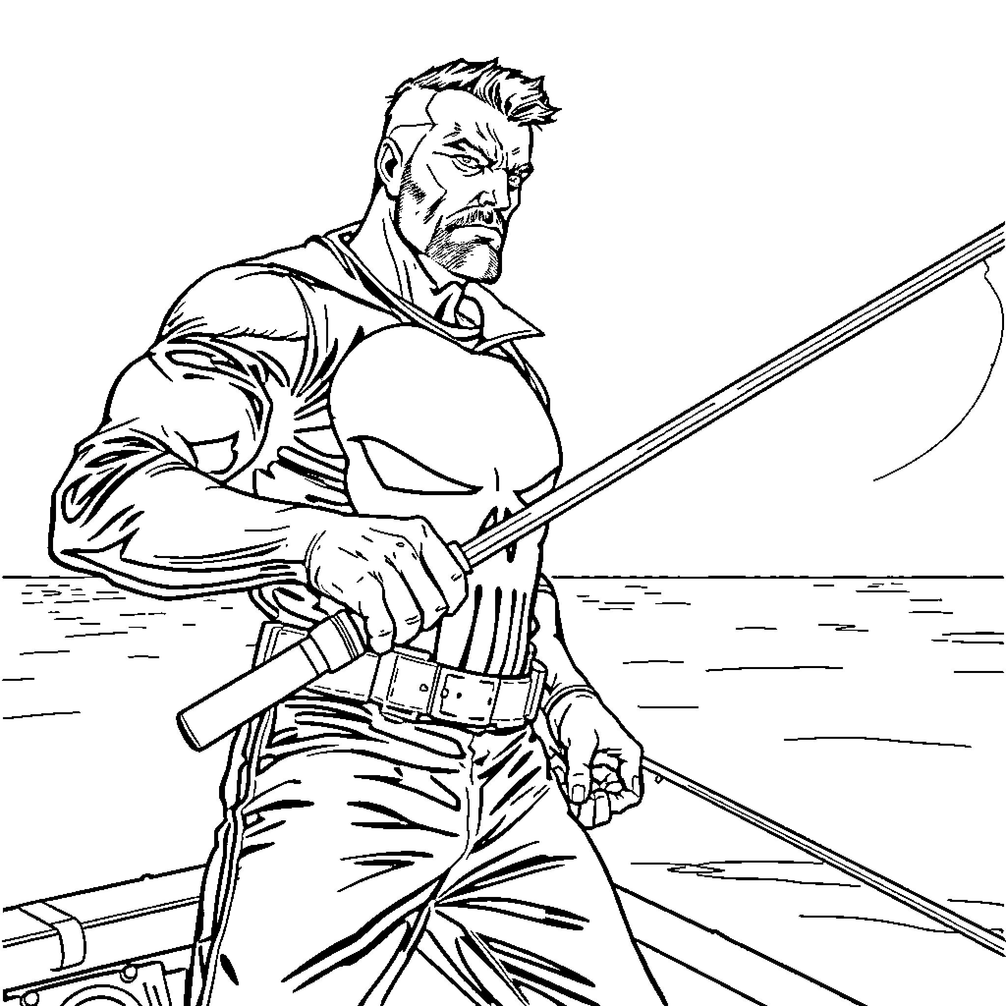 Punisher standing vigilantly with weapon in hand Coloring Page (free black-and-white line drawing printable PDF for all, from beginners to advanced learners, including children, teens, adults, and seniors)