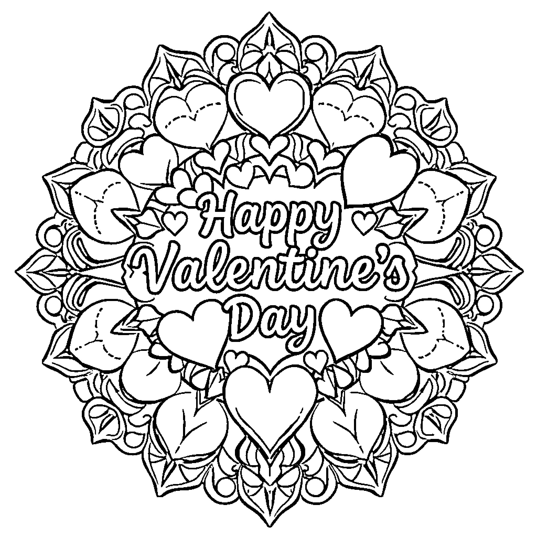 Heart-shaped Mandalas for Valentine's Day Coloring Page (free black-and-white line drawing printable PDF for all, from beginners to advanced learners, including children, teens, adults, and seniors)