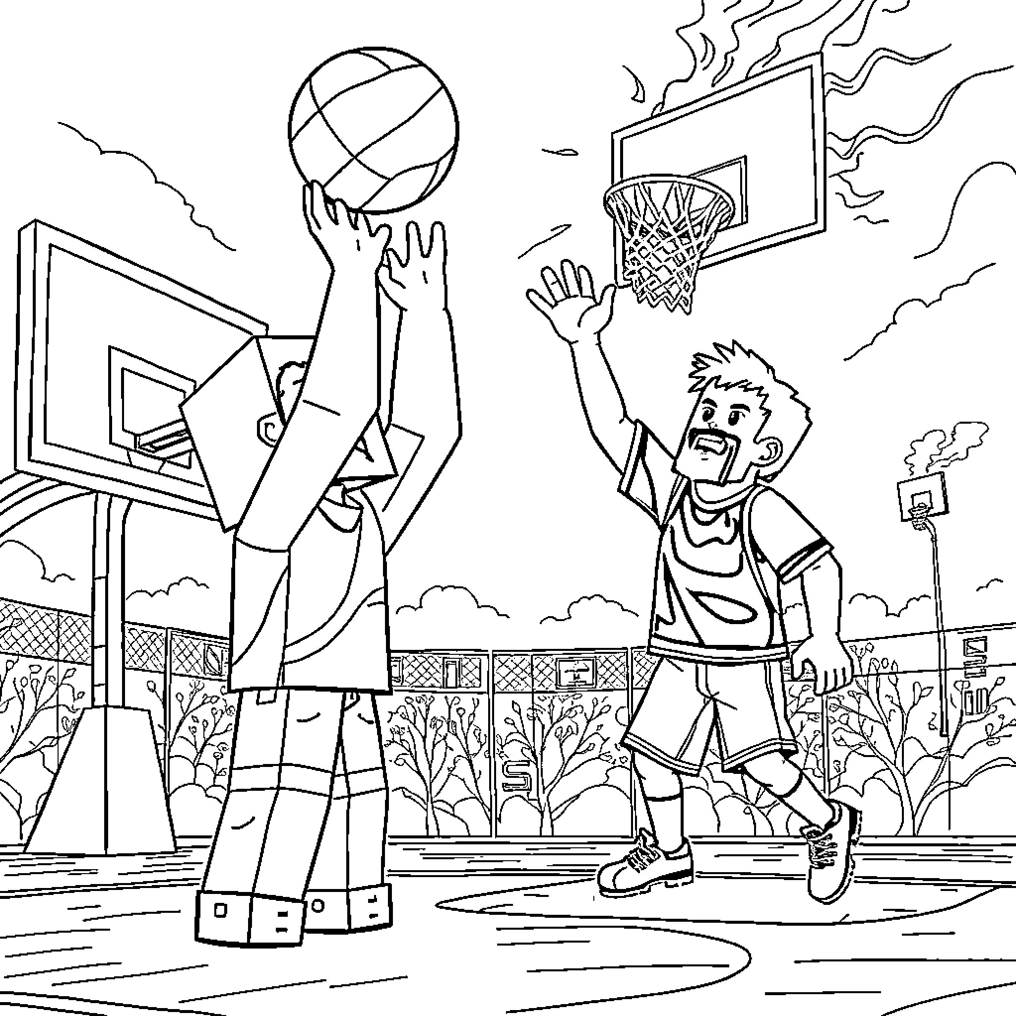 Steve's exhilarating basketball game on the court Coloring Page (free black-and-white line drawing printable PDF for all, from beginners to advanced learners, including children, teens, adults, and seniors)