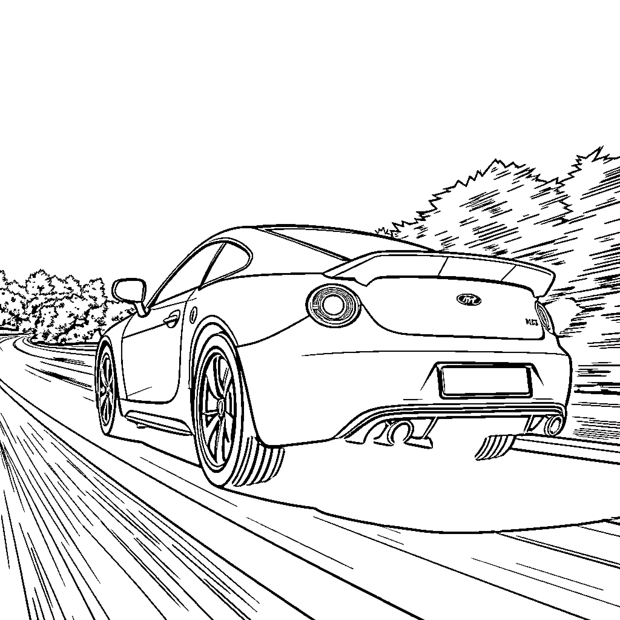 Car speeding through the countryside Coloring Page (free black-and-white line drawing printable PDF for all, from beginners to advanced learners, including children, teens, adults, and seniors)