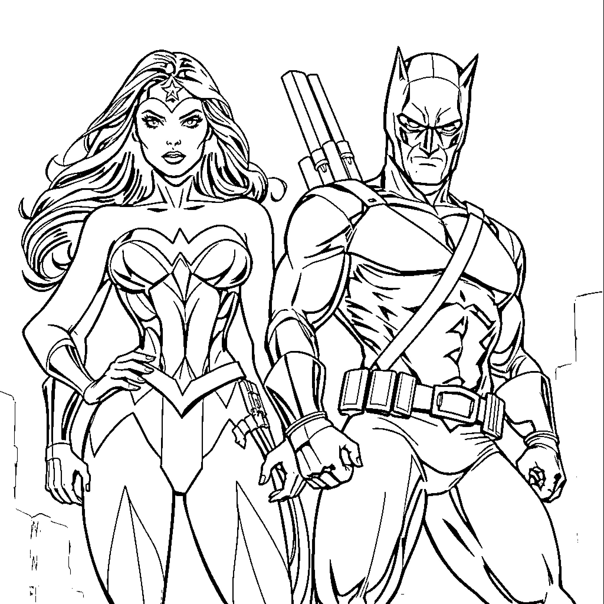 Wonder Woman and Batman in heroic poses Coloring Page (free black-and-white line drawing printable PDF for all, from beginners to advanced learners, including children, teens, adults, and seniors)