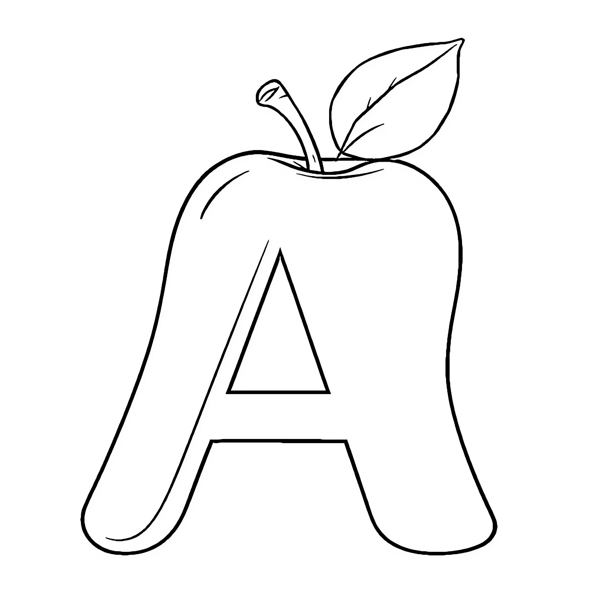Apple-shaped letter A with leaf Coloring Page (free black-and-white line drawing printable PDF for all, from beginners to advanced learners, including children, teens, adults, and seniors)