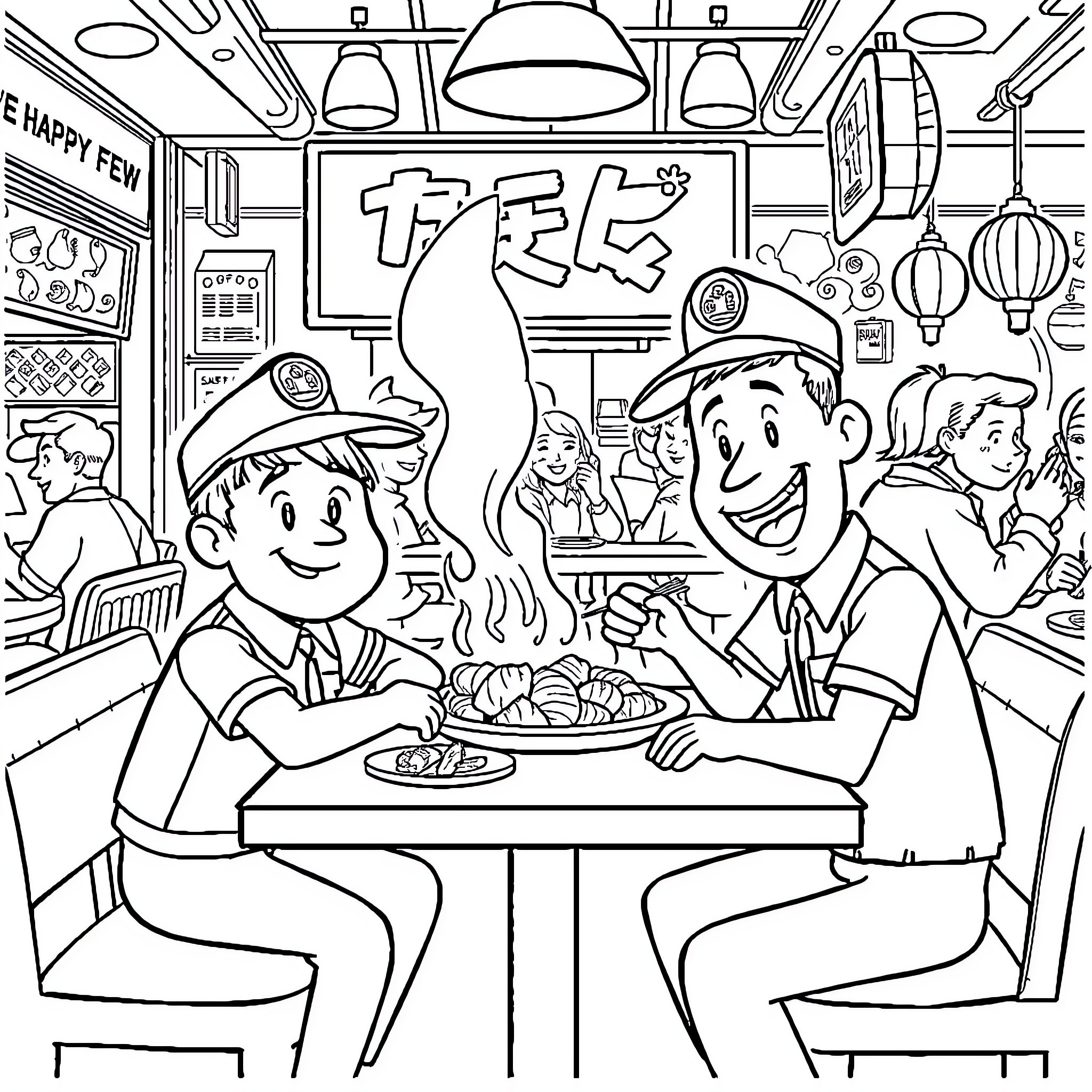 Bobby's Busy Day at the Local Eatery Coloring Page (free black-and-white line drawing printable PDF for all, from beginners to advanced learners, including children, teens, adults, and seniors)