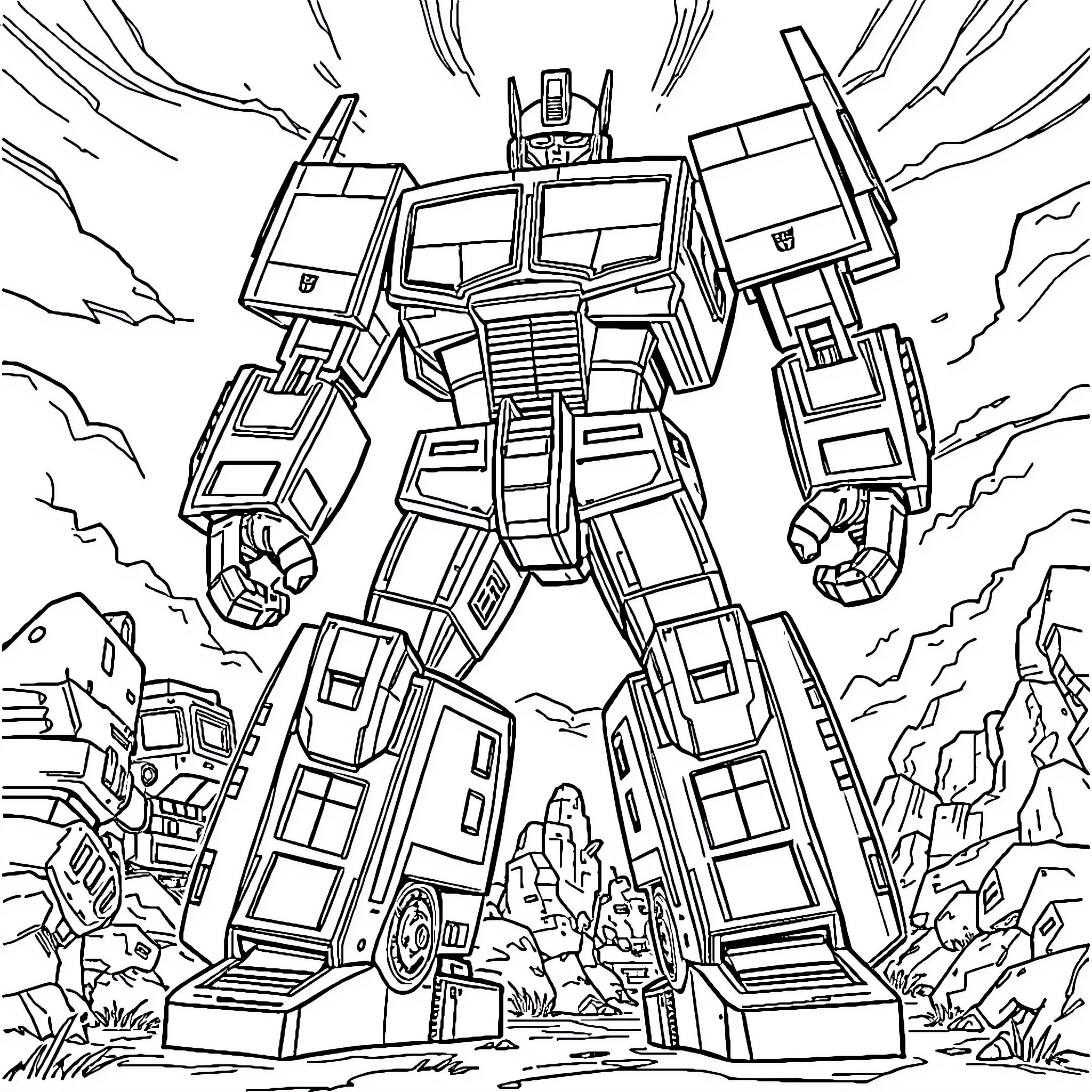 Transformer robot in epic battle scene Coloring Page (free black-and-white line drawing printable PDF for all, from beginners to advanced learners, including children, teens, adults, and seniors)