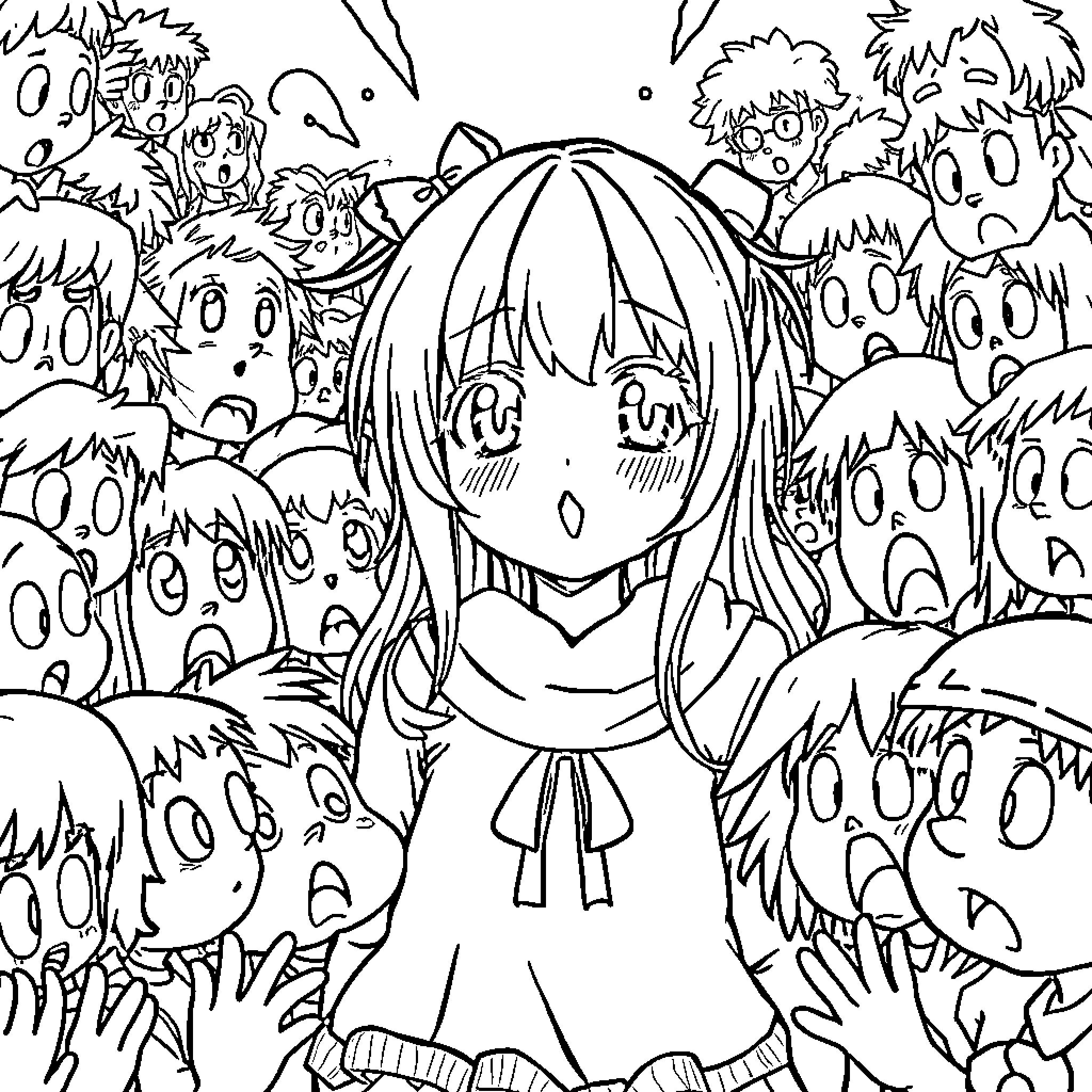 Anime Girl surrounded by Expressive Figures Coloring Page (free black-and-white line drawing printable PDF for all, from beginners to advanced learners, including children, teens, adults, and seniors)