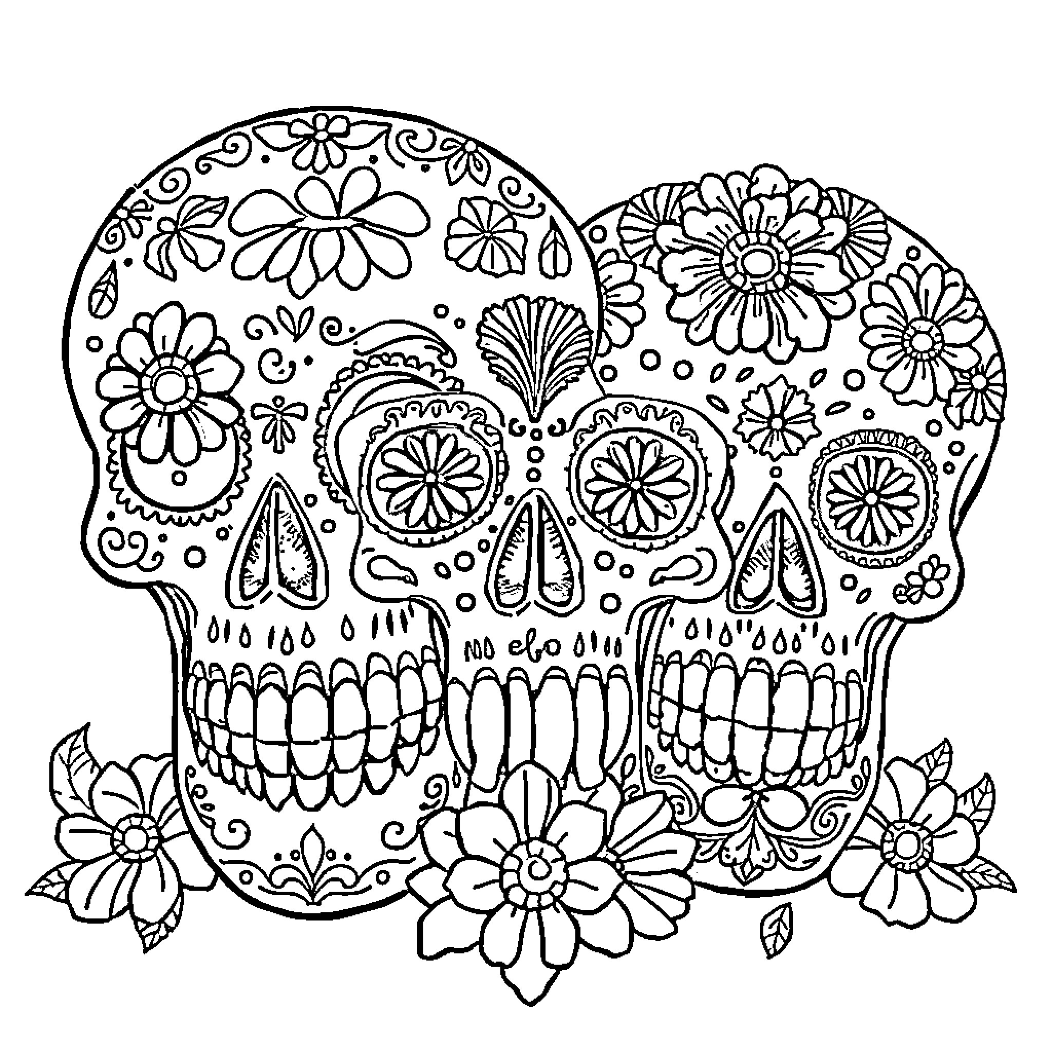 Sugar Skull Pair in Floral Designs Coloring Page (free black-and-white line drawing printable PDF for all, from beginners to advanced learners, including children, teens, adults, and seniors)