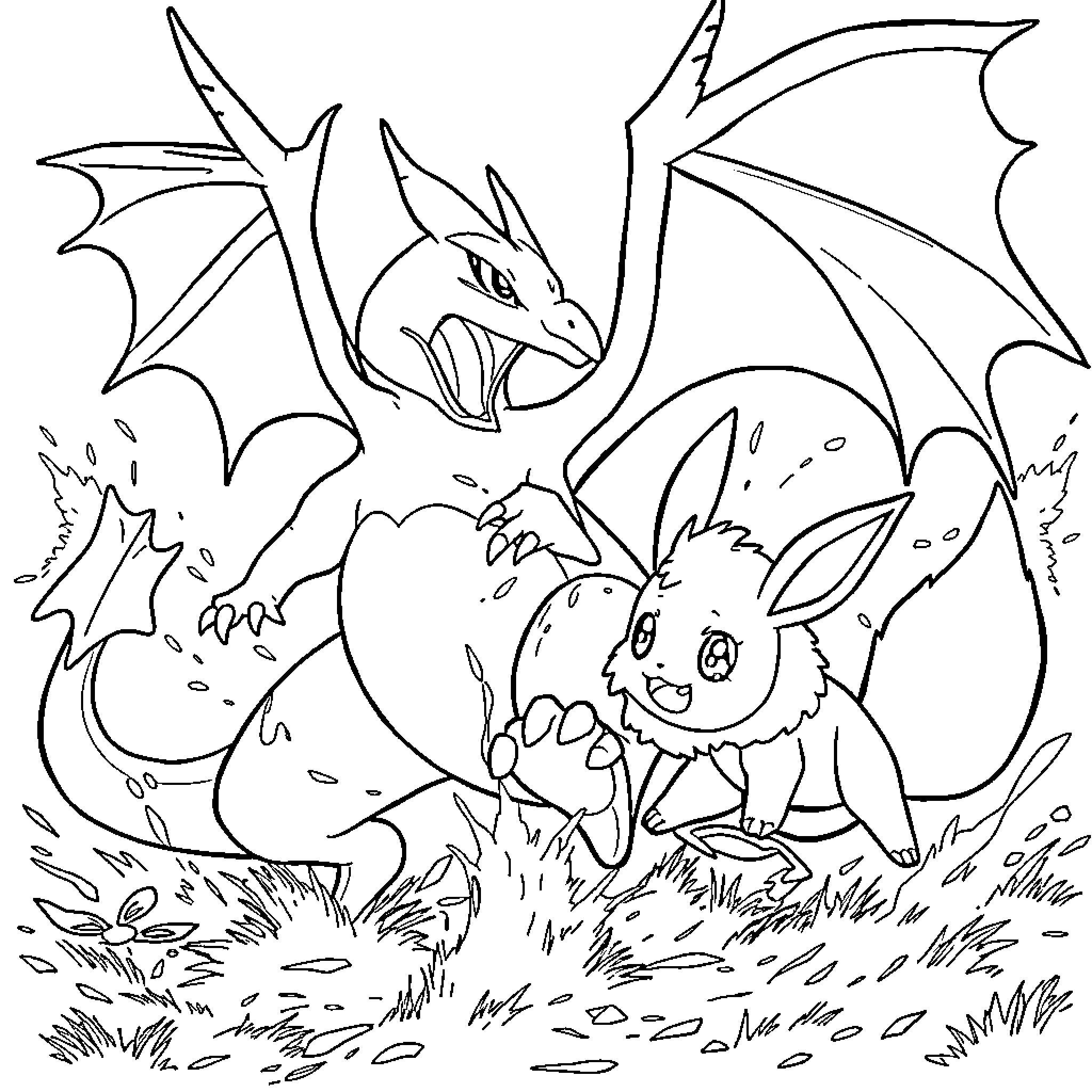 Charizard and Eevee playing in the wild Coloring Page (free black-and-white line drawing printable PDF for all, from beginners to advanced learners, including children, teens, adults, and seniors)