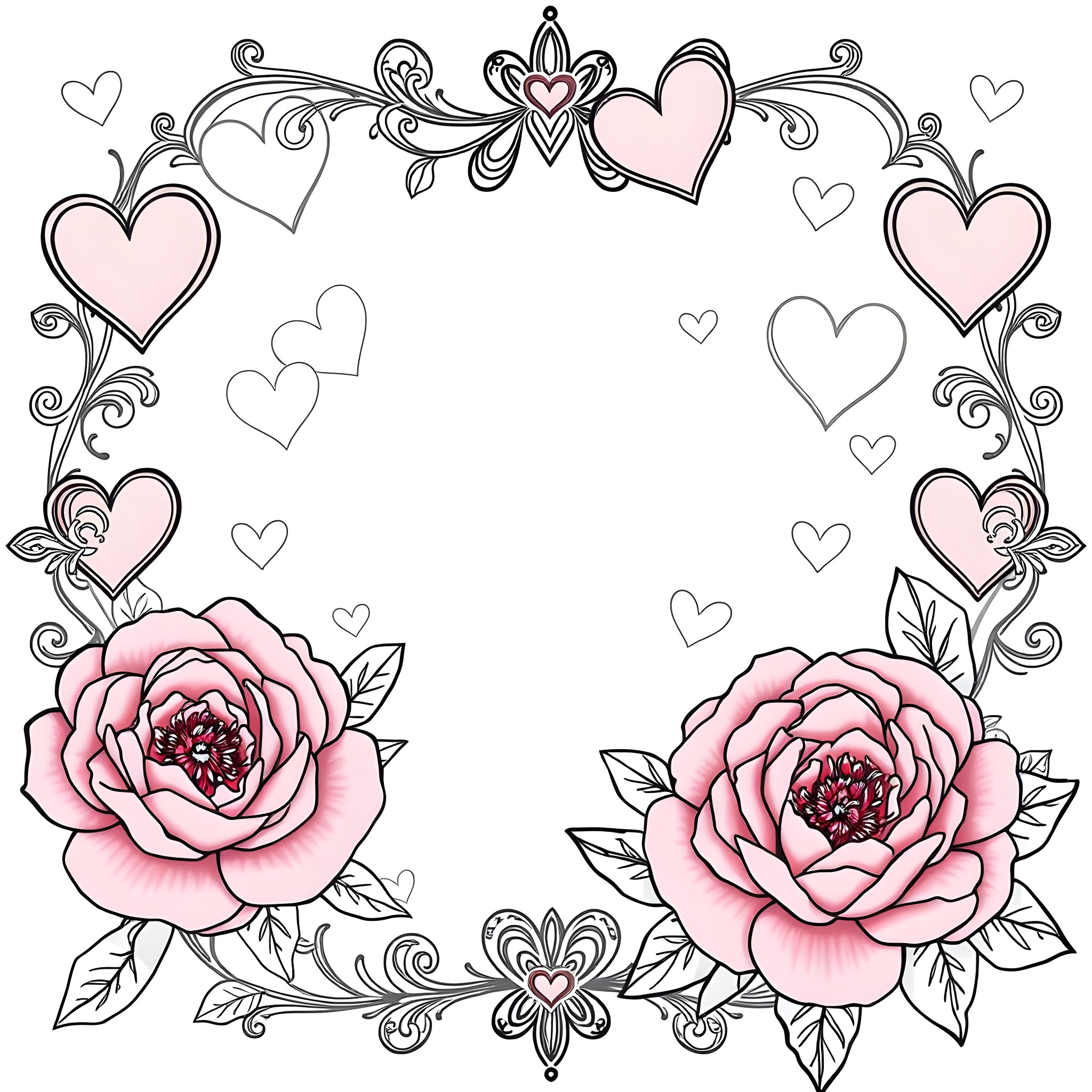 Heart-Shaped Floral Frame with Roses Coloring Page (free black-and-white line drawing printable PDF for all, from beginners to advanced learners, including children, teens, adults, and seniors)