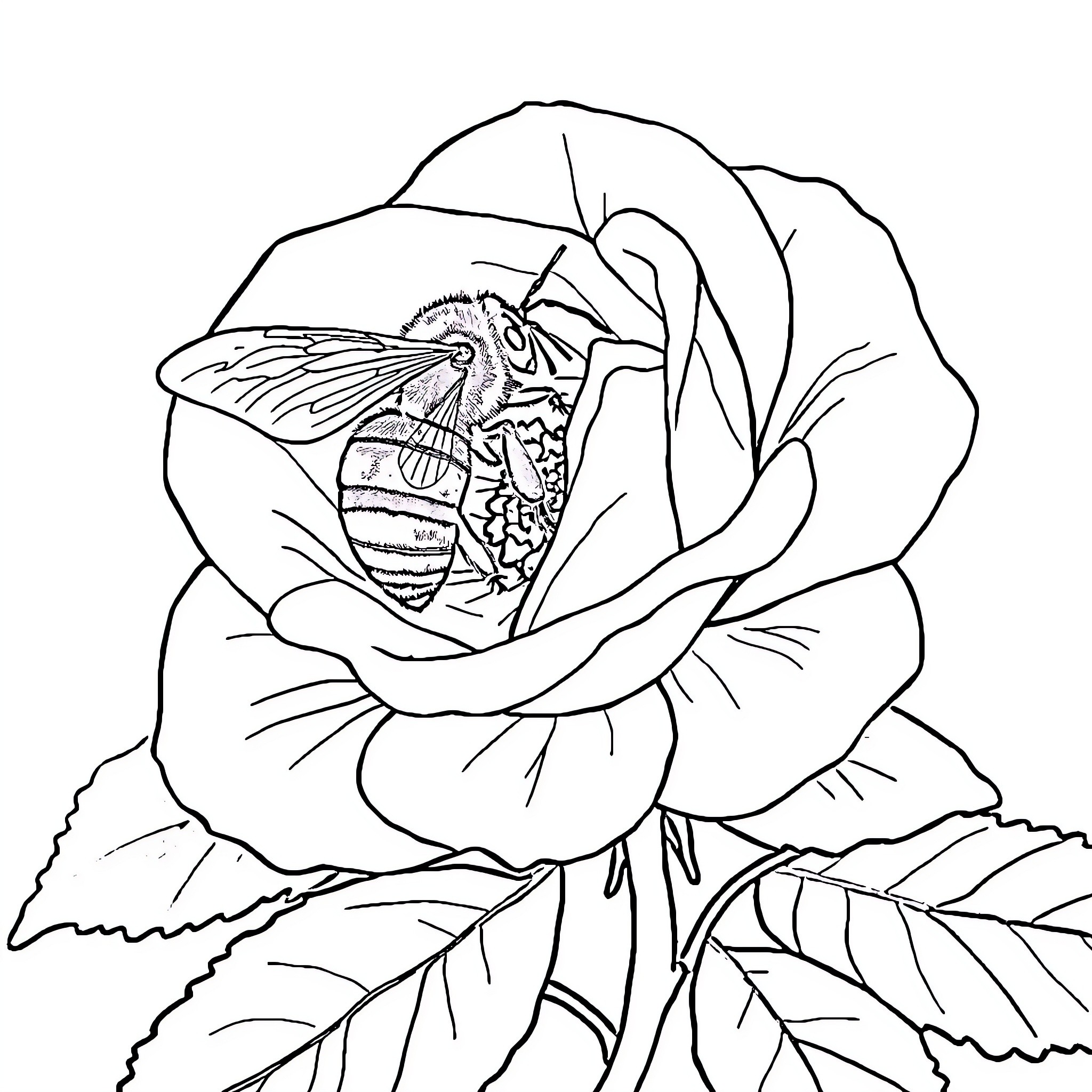 Bee resting on a delicate flower Coloring Page (free black-and-white line drawing printable PDF for all, from beginners to advanced learners, including children, teens, adults, and seniors)
