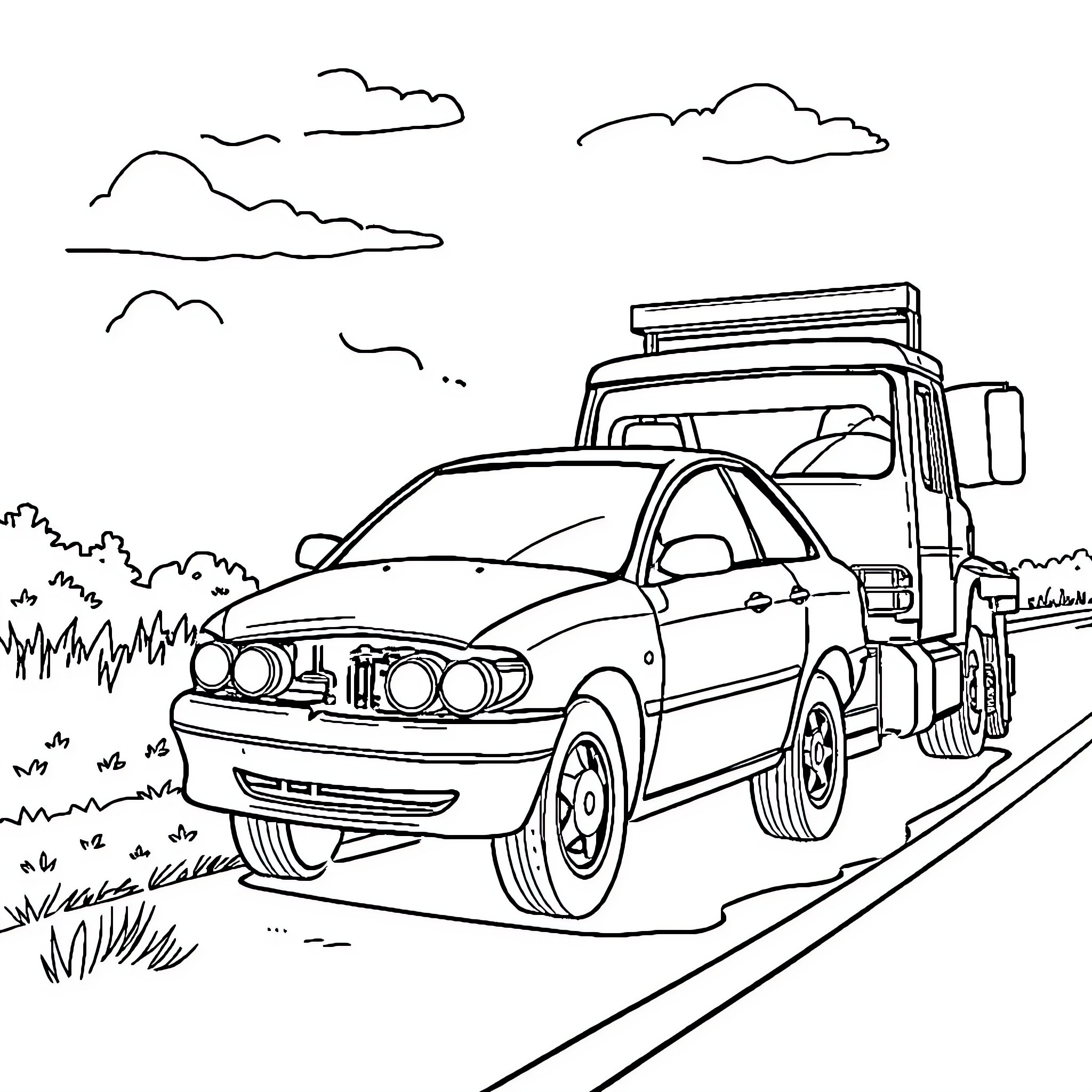 Car towing a trailer on the road Coloring Page (free black-and-white line drawing printable PDF for all, from beginners to advanced learners, including children, teens, adults, and seniors)