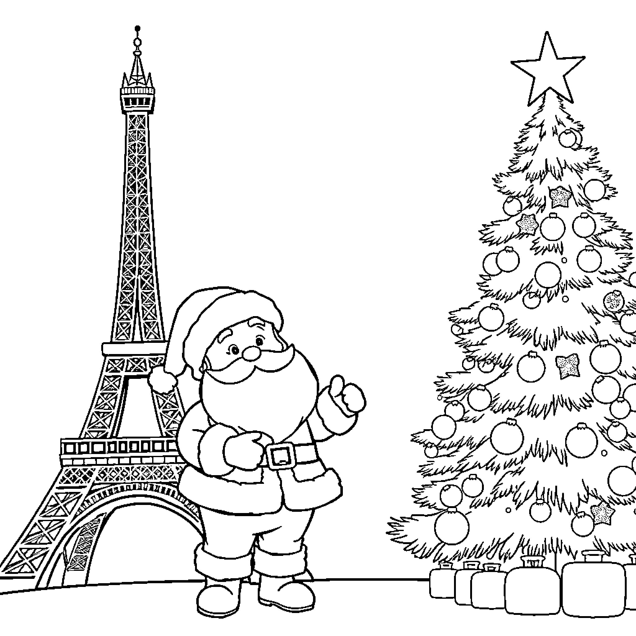 Bebe Santa Claus visits a Christmas tree in Paris Coloring Page (free black-and-white line drawing printable PDF for all, from beginners to advanced learners, including children, teens, adults, and seniors)