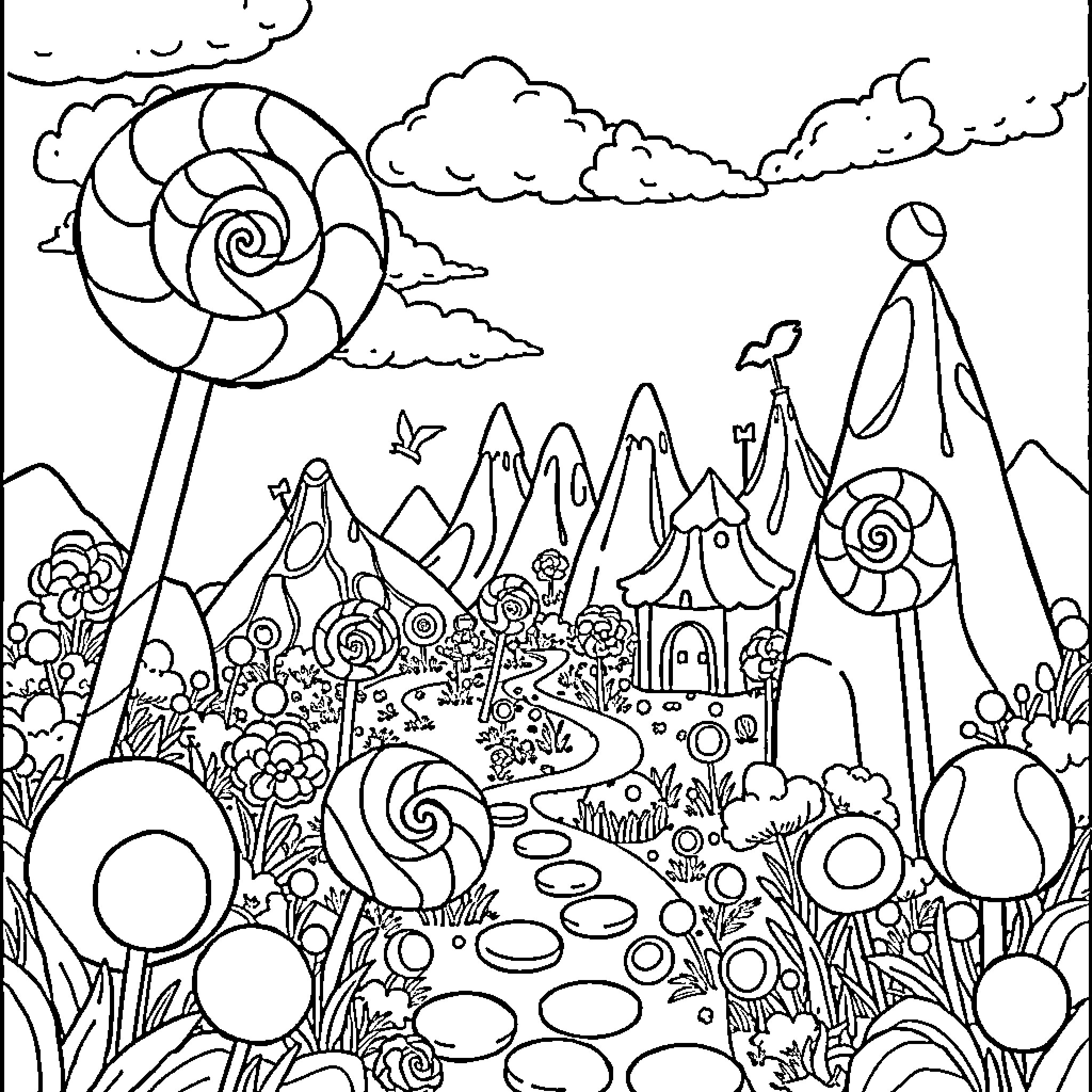 Candyland - Whimsical Fantasy Landscape Coloring Page (free black-and-white line drawing printable PDF for all, from beginners to advanced learners, including children, teens, adults, and seniors)