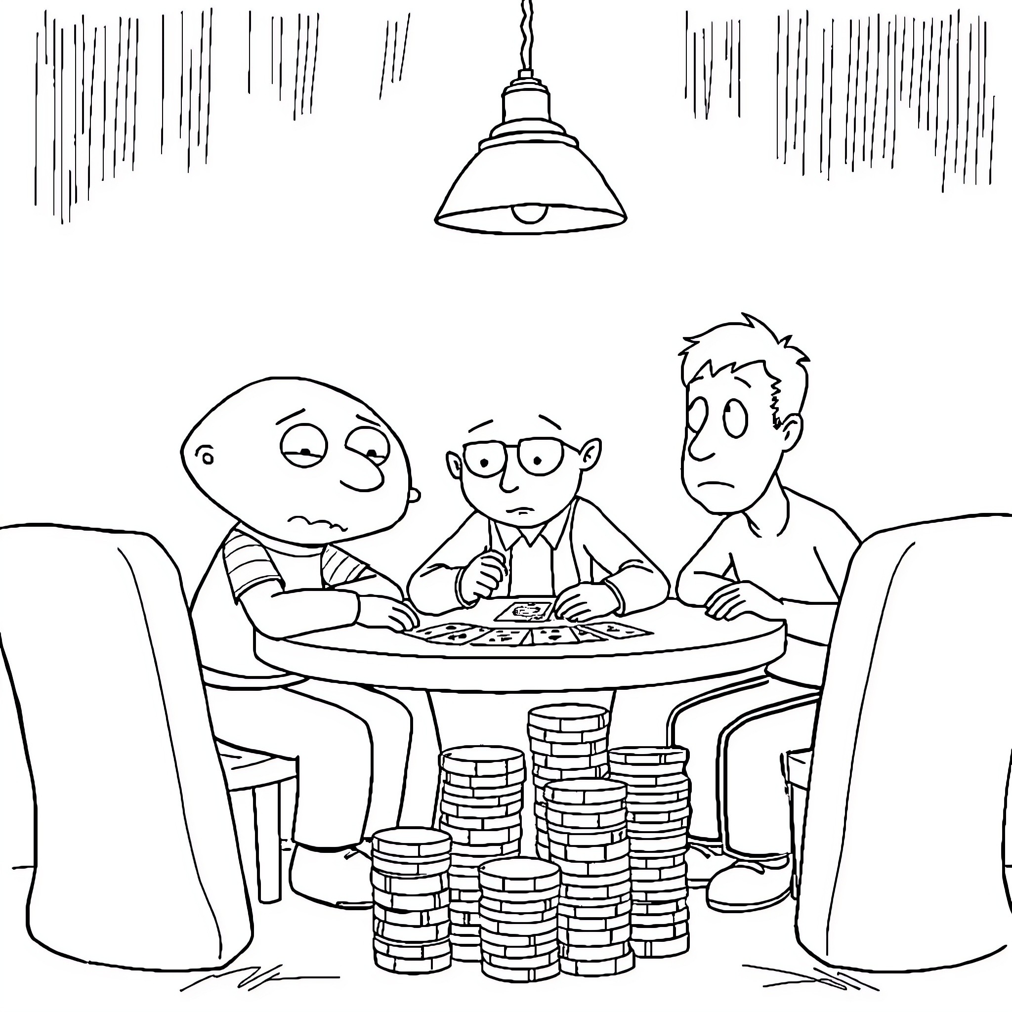Stewie and friends playing card game with piles of money Coloring Page (free black-and-white line drawing printable PDF for all, from beginners to advanced learners, including children, teens, adults, and seniors)