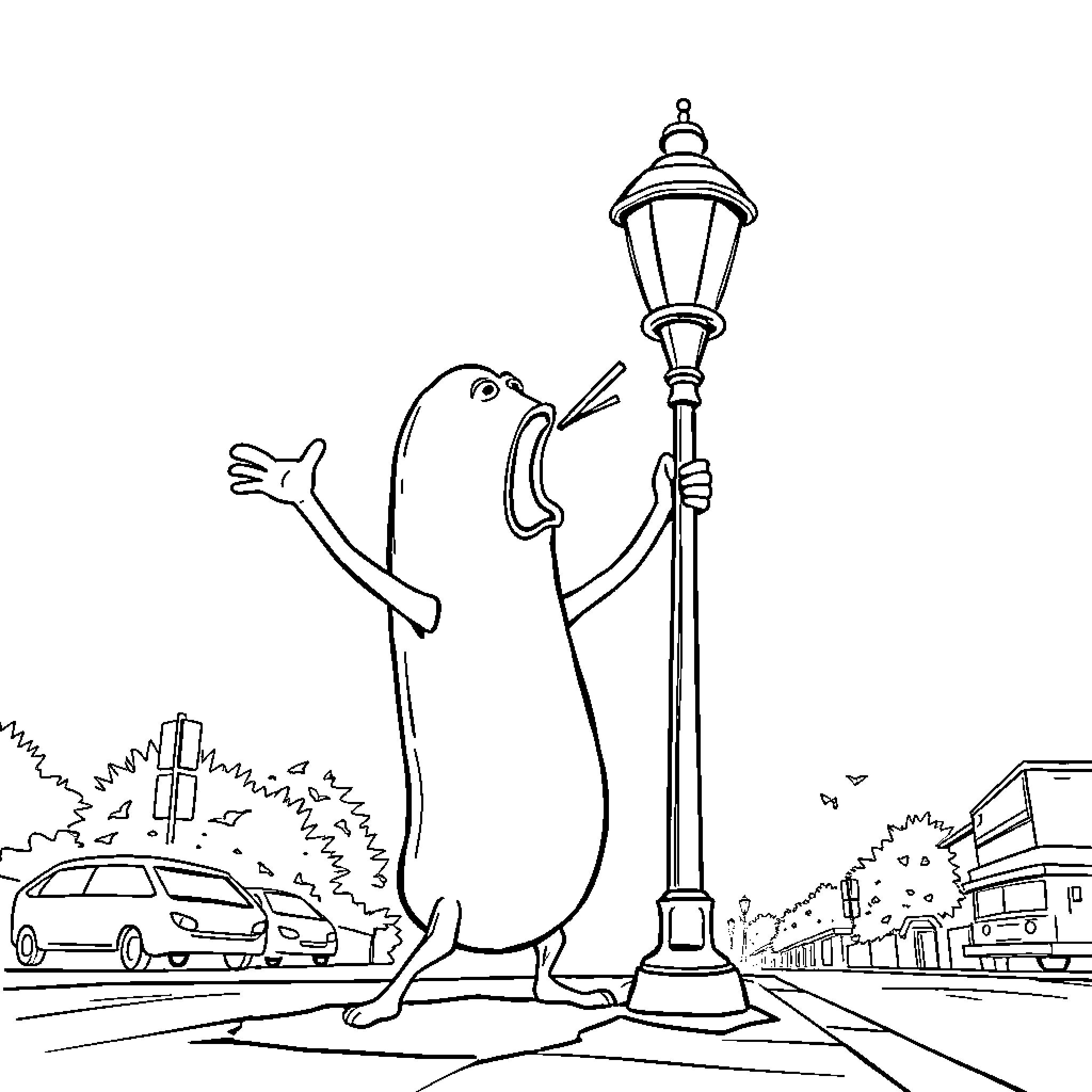 Sausage Dog Holding Lamp Post in Colorful Town Coloring Page (free black-and-white line drawing printable PDF for all, from beginners to advanced learners, including children, teens, adults, and seniors)
