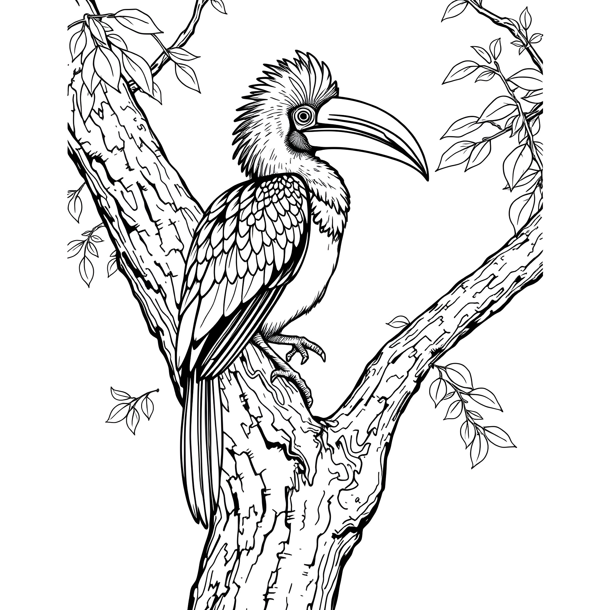 Hornbill perched on a tree branch Coloring Page (free black-and-white line drawing printable PDF for all, from beginners to advanced learners, including children, teens, adults, and seniors)
