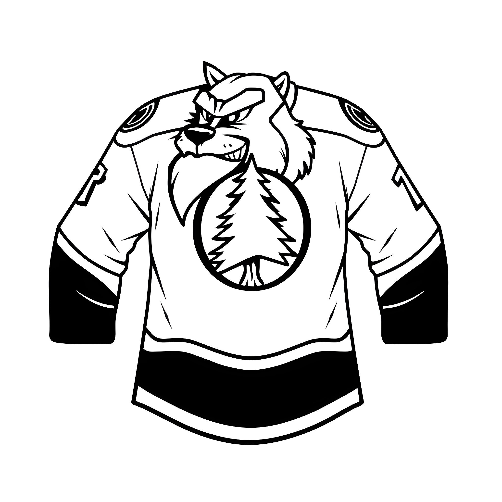 Lumberjack in Hockey Jersey Wielding Chainsaw Coloring Page (free black-and-white line drawing printable PDF for all, from beginners to advanced learners, including children, teens, adults, and seniors)