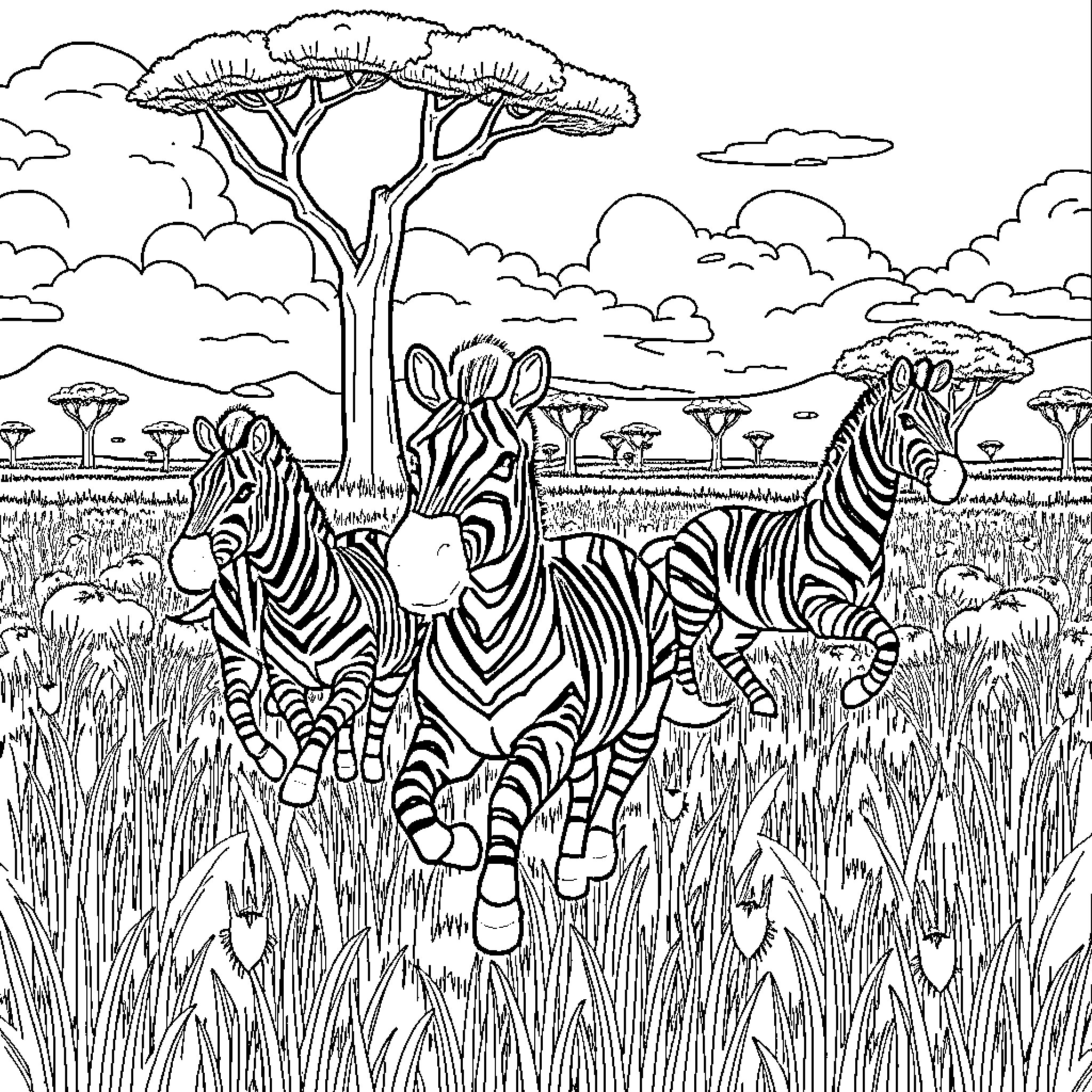 Zebra grazing peacefully in the African savanna Coloring Page (free black-and-white line drawing printable PDF for all, from beginners to advanced learners, including children, teens, adults, and seniors)