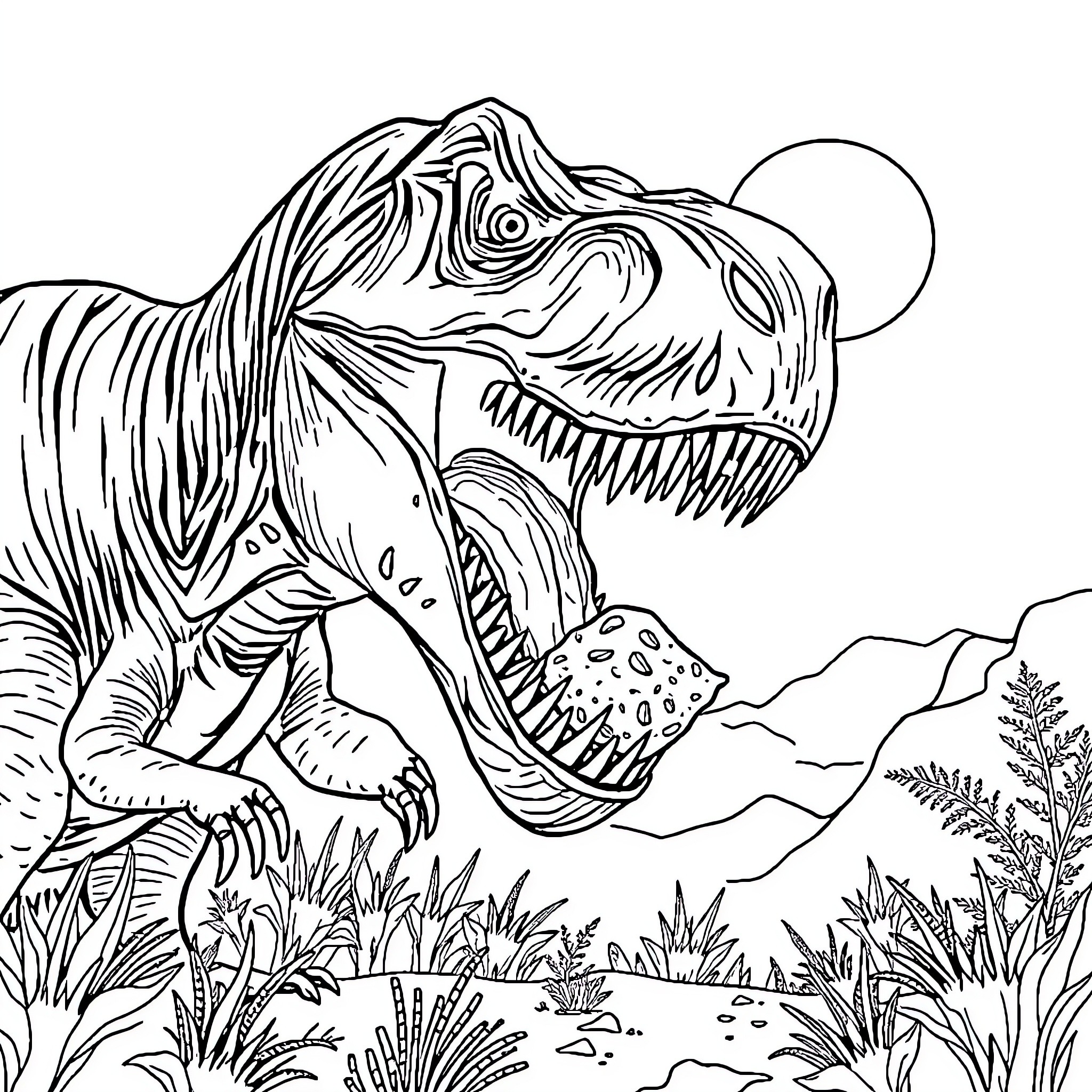 T-Rex Roaring Ferociously in the Jungle Landscape Coloring Page (free black-and-white line drawing printable PDF for all, from beginners to advanced learners, including children, teens, adults, and seniors)