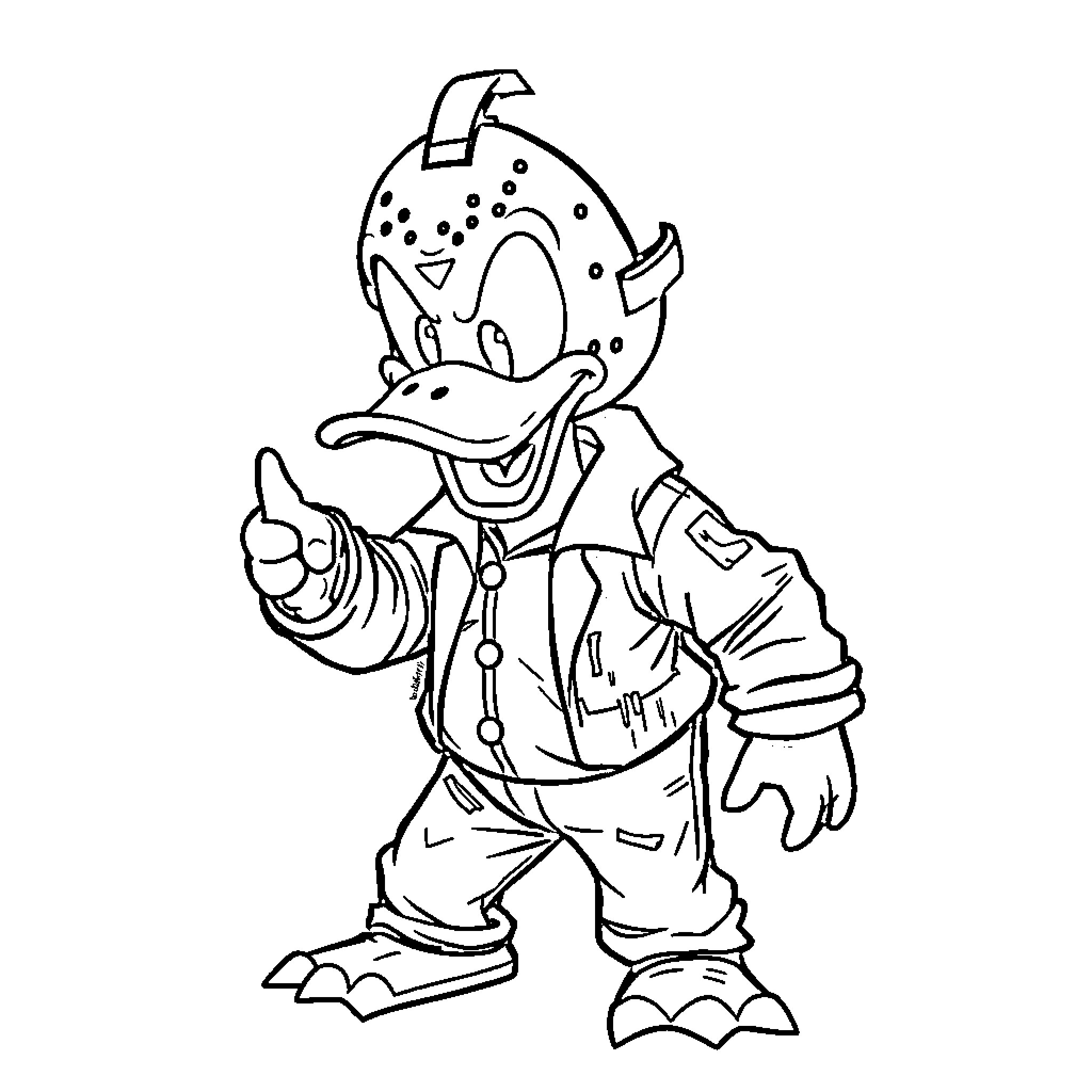 Donald Duck giving a thumbs up in cartoon outfit Coloring Page (free black-and-white line drawing printable PDF for all, from beginners to advanced learners, including children, teens, adults, and seniors)