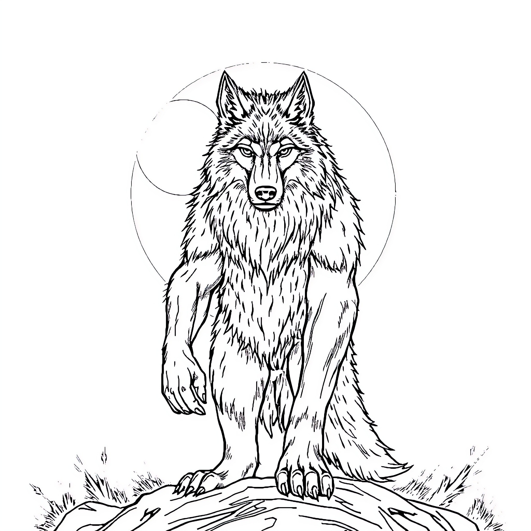 Wolfman howling under the moonlight Coloring Page (free black-and-white line drawing printable PDF for all, from beginners to advanced learners, including children, teens, adults, and seniors)