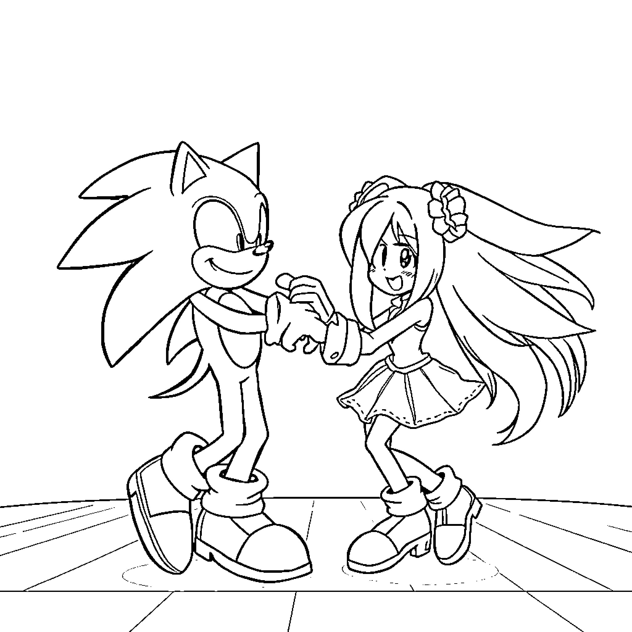 Sonic and cheerful female character having fun Coloring Page (free black-and-white line drawing printable PDF for all, from beginners to advanced learners, including children, teens, adults, and seniors)
