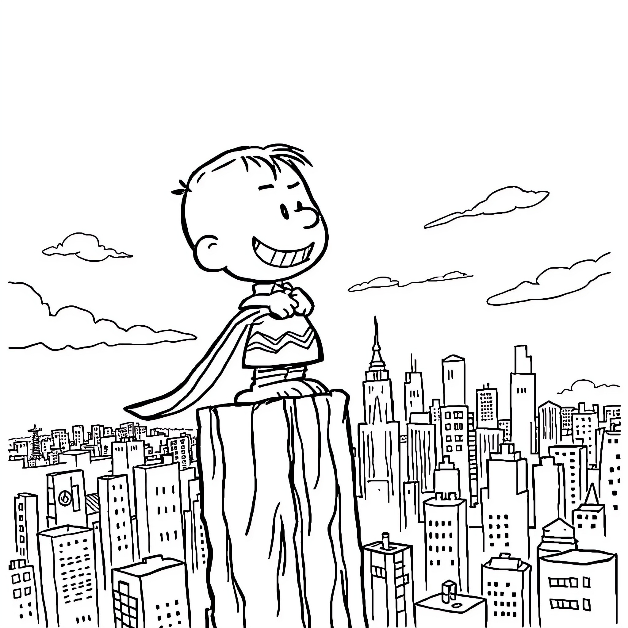 Charlie Brown exploring the city skyline Coloring Page (free black-and-white line drawing printable PDF for all, from beginners to advanced learners, including children, teens, adults, and seniors)