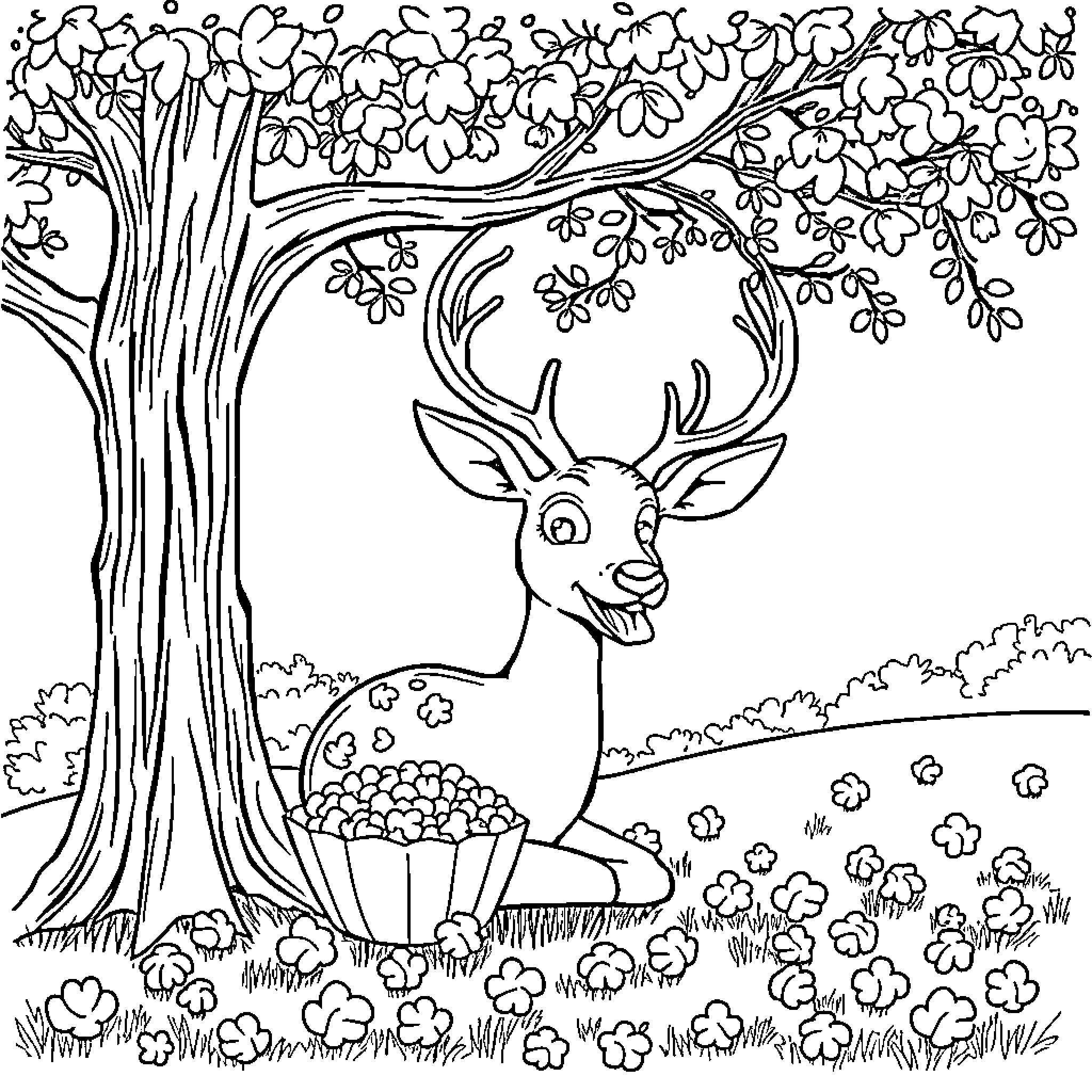 Deer surrounded by blooming flowers in the forest Coloring Page (free black-and-white line drawing printable PDF for all, from beginners to advanced learners, including children, teens, adults, and seniors)
