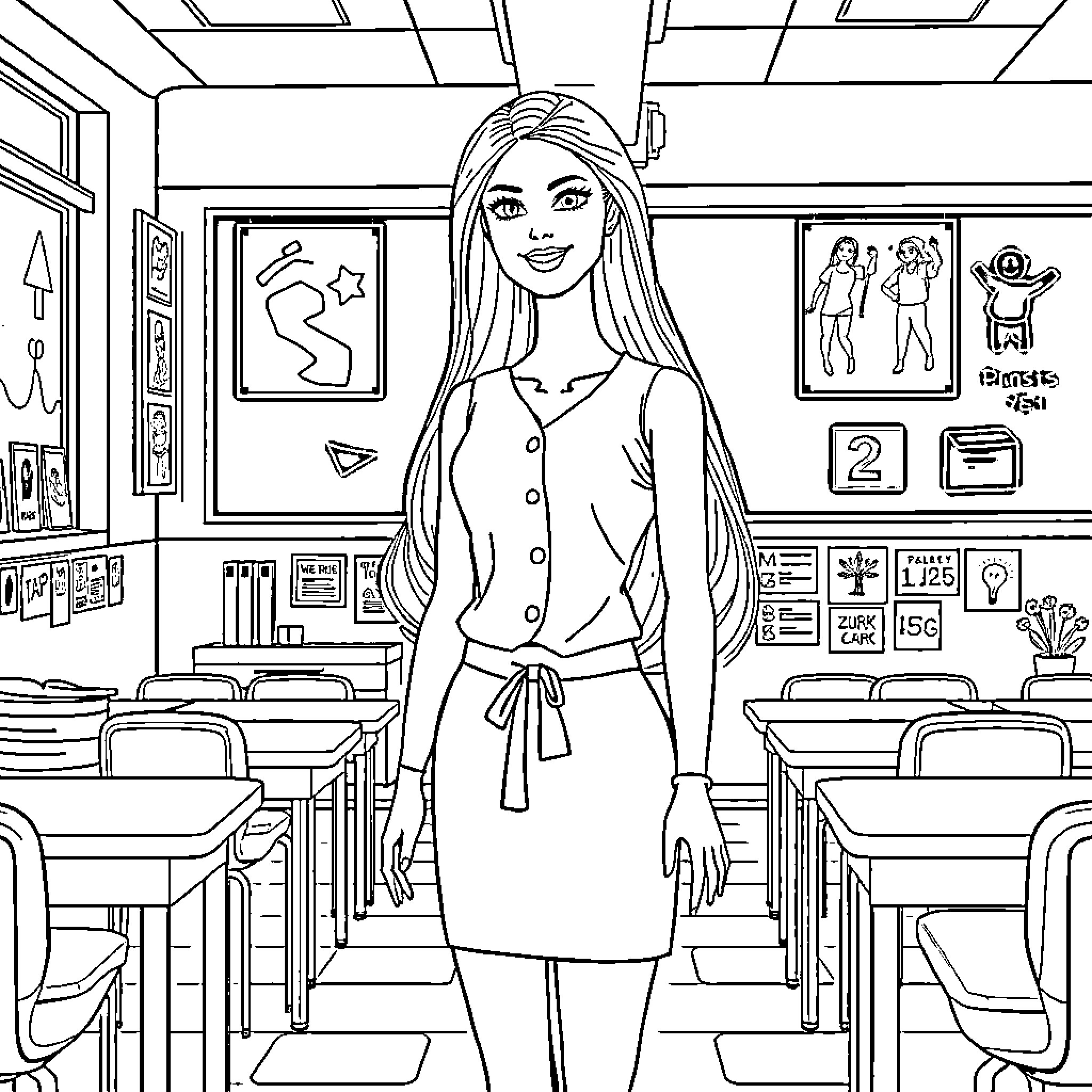 Barbie in a Classroom Setting Coloring Page (free black-and-white line drawing printable PDF for all, from beginners to advanced learners, including children, teens, adults, and seniors)