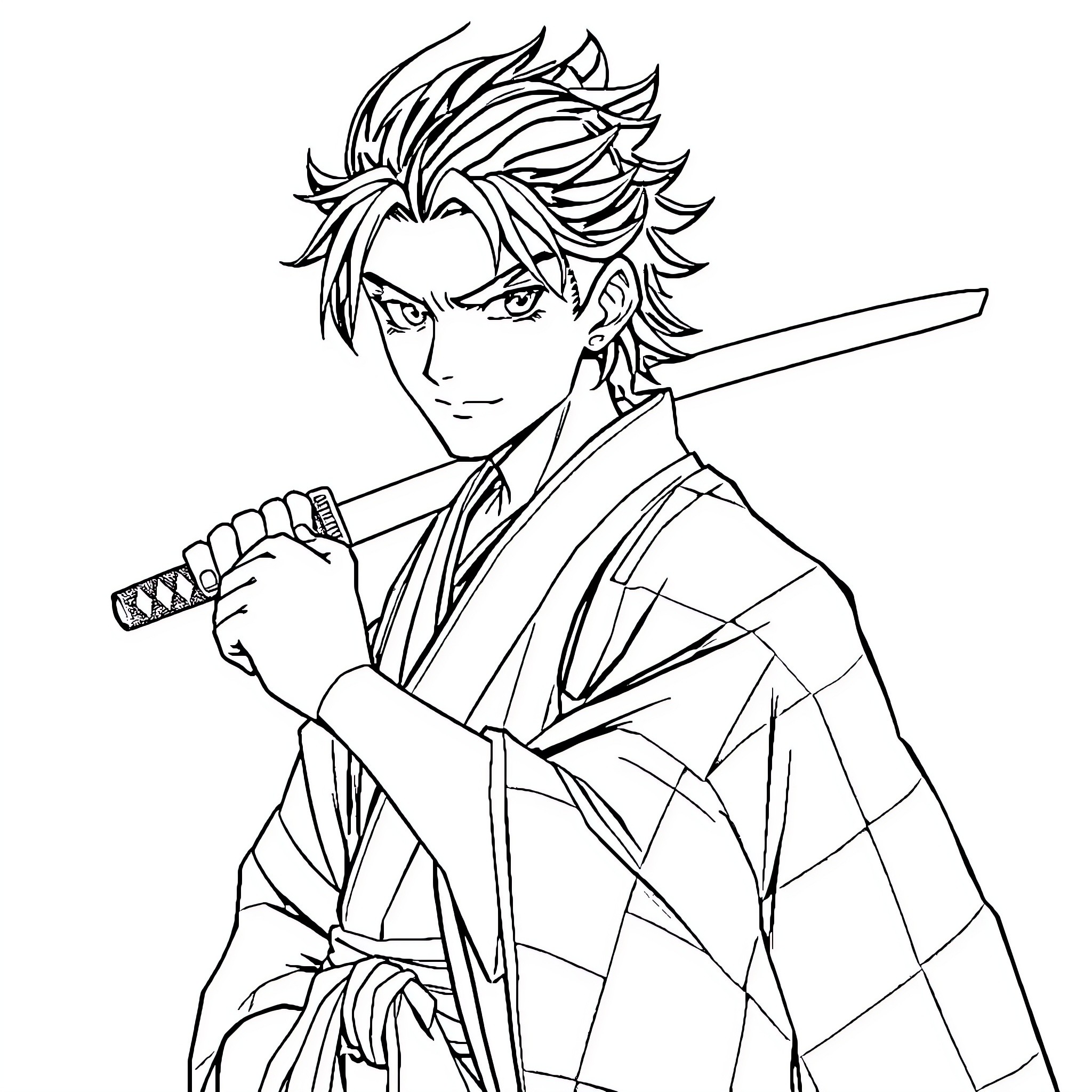 Tanjiro wielding his sword with determination Coloring Page (free black-and-white line drawing printable PDF for all, from beginners to advanced learners, including children, teens, adults, and seniors)