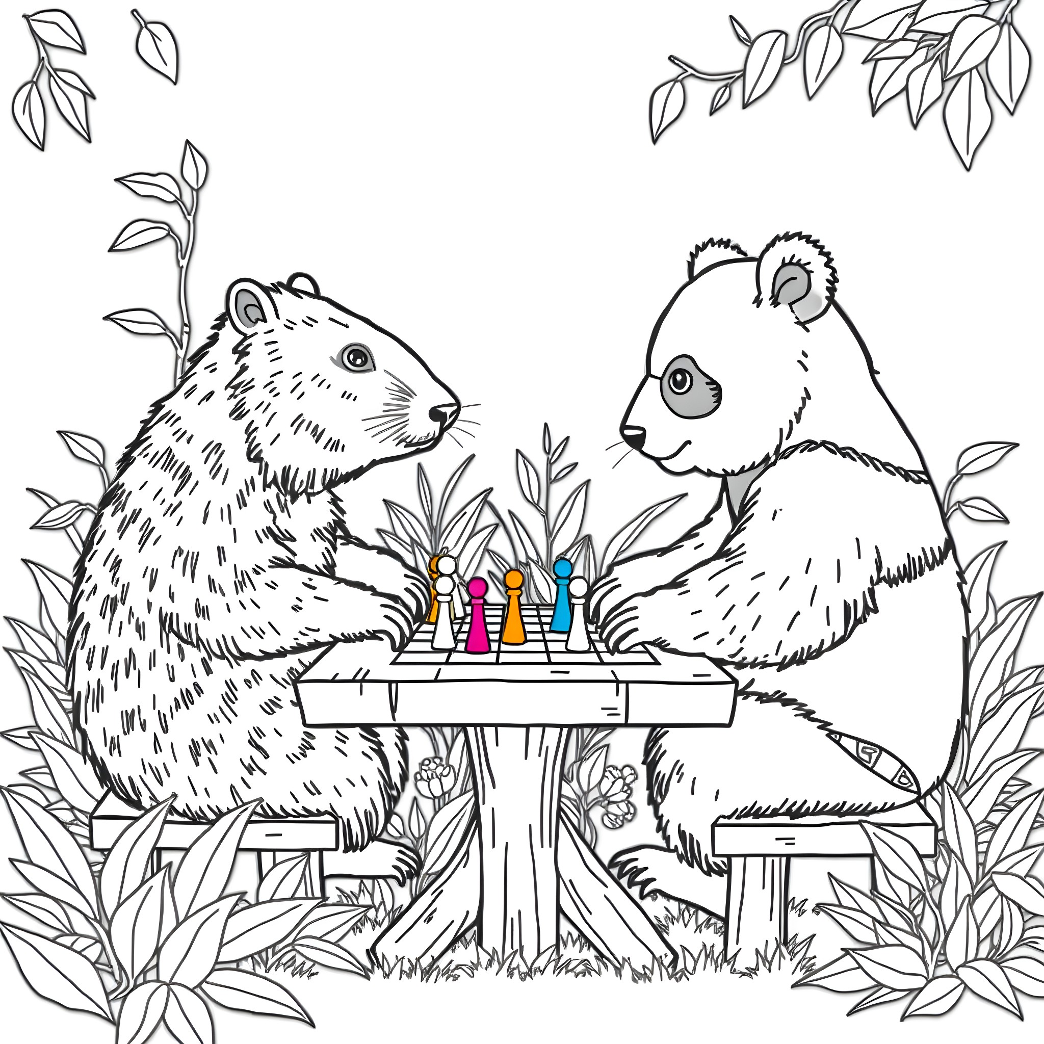 Capybara friends playing chess in the forest Coloring Page (free black-and-white line drawing printable PDF for all, from beginners to advanced learners, including children, teens, adults, and seniors)