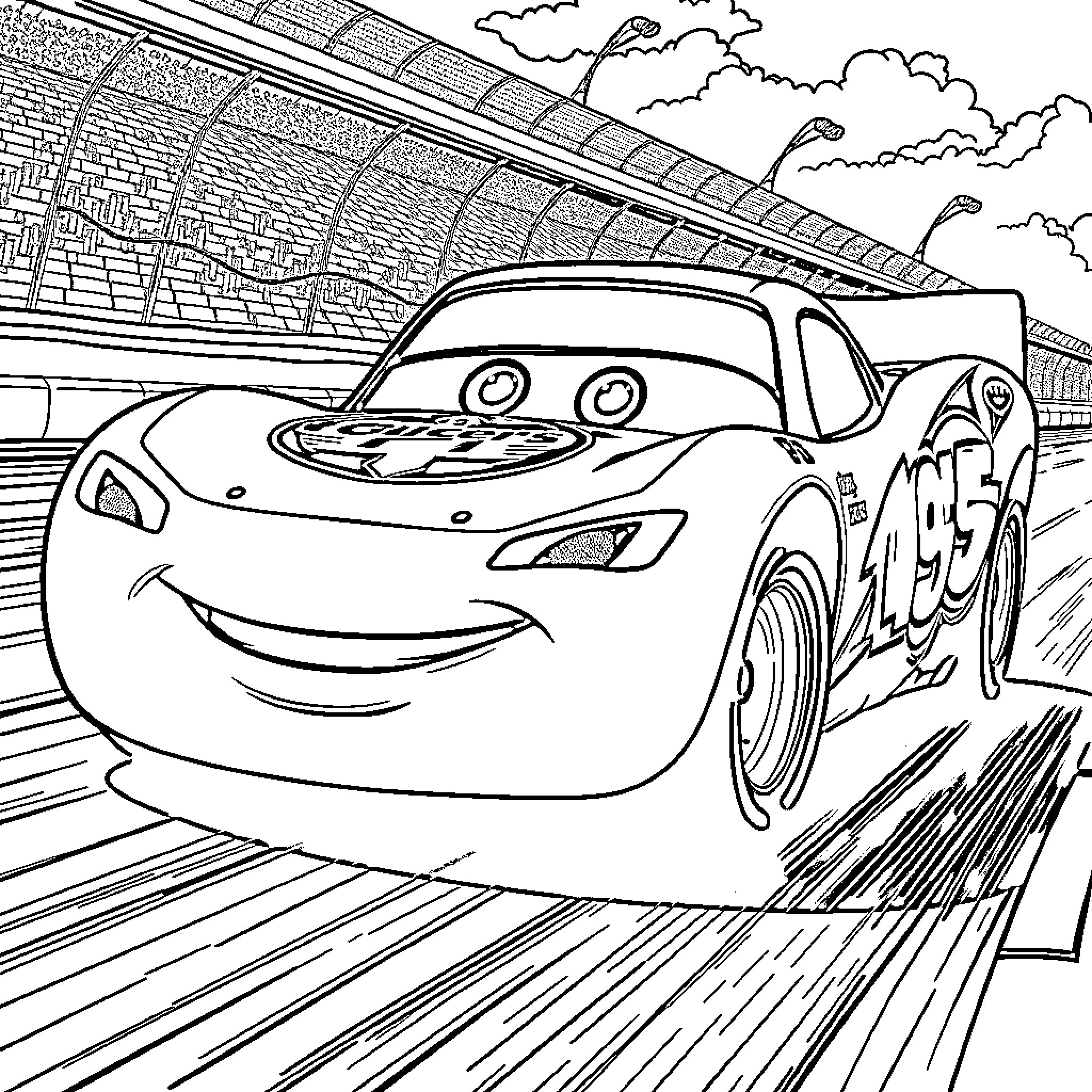 Lightning McQueen racing on the track Coloring Page (free black-and-white line drawing printable PDF for all, from beginners to advanced learners, including children, teens, adults, and seniors)