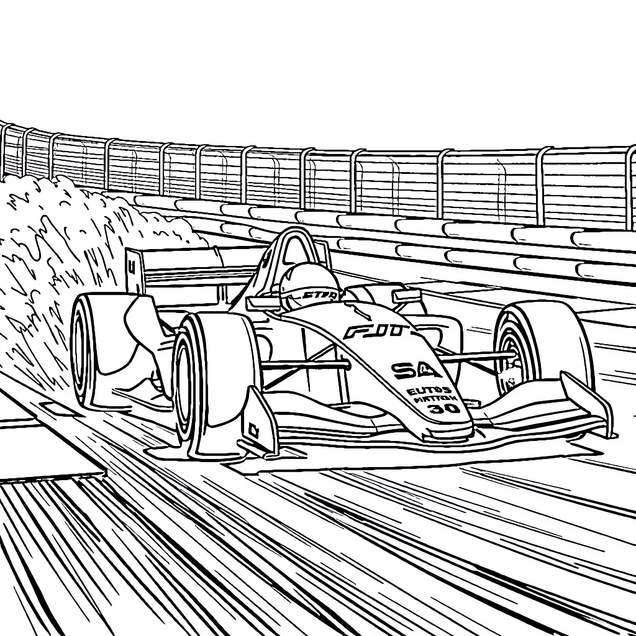 Cocotrix Race Car Speeding on Track Coloring Page (free black-and-white line drawing printable PDF for all, from beginners to advanced learners, including children, teens, adults, and seniors)