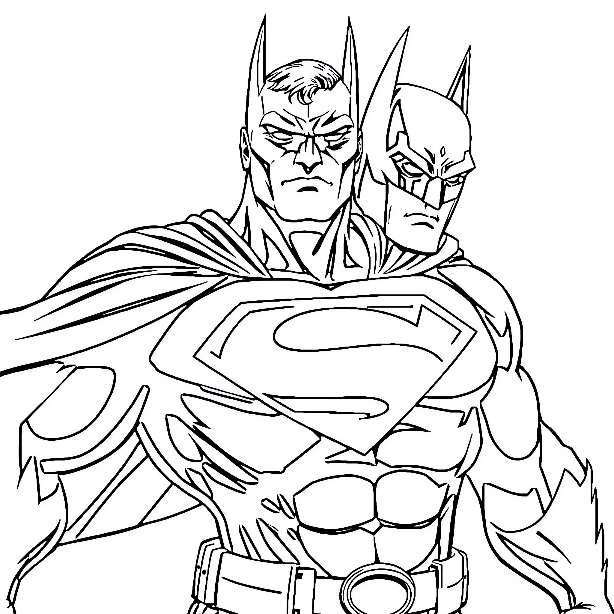 Superman and Batman in heroic action poses Coloring Page (free black-and-white line drawing printable PDF for all, from beginners to advanced learners, including children, teens, adults, and seniors)