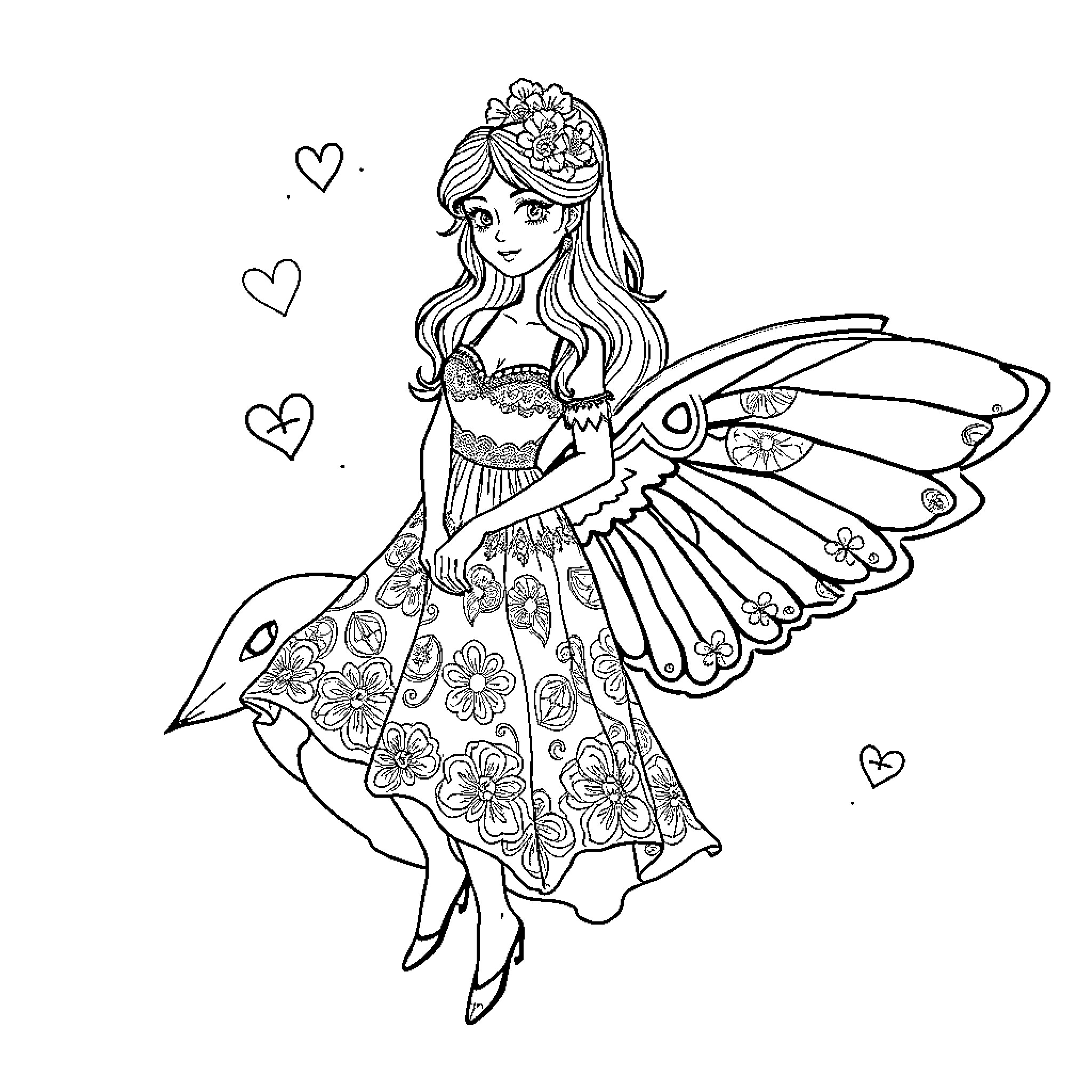 Isabel's Whimsical Fairy Adventure Coloring Page (free black-and-white line drawing printable PDF for all, from beginners to advanced learners, including children, teens, adults, and seniors)