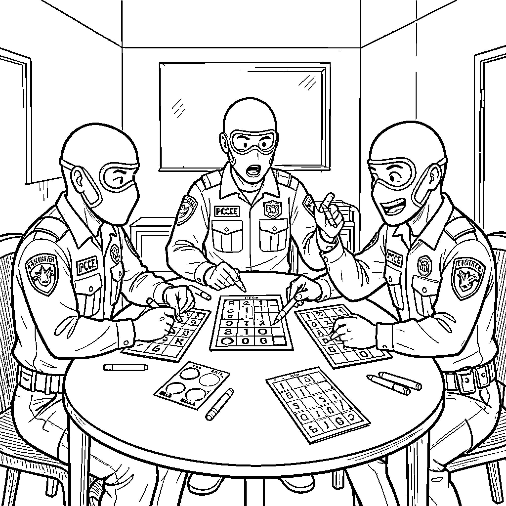 Ice Agent Interrogating Suspects in the Precinct Coloring Page (free black-and-white line drawing printable PDF for all, from beginners to advanced learners, including children, teens, adults, and seniors)
