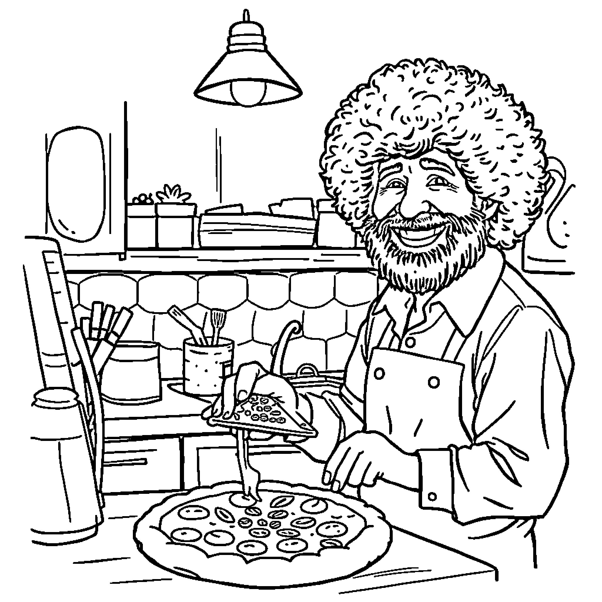 Bob Ross cooking up a delightful meal in his kitchen Coloring Page (free black-and-white line drawing printable PDF for all, from beginners to advanced learners, including children, teens, adults, and seniors)